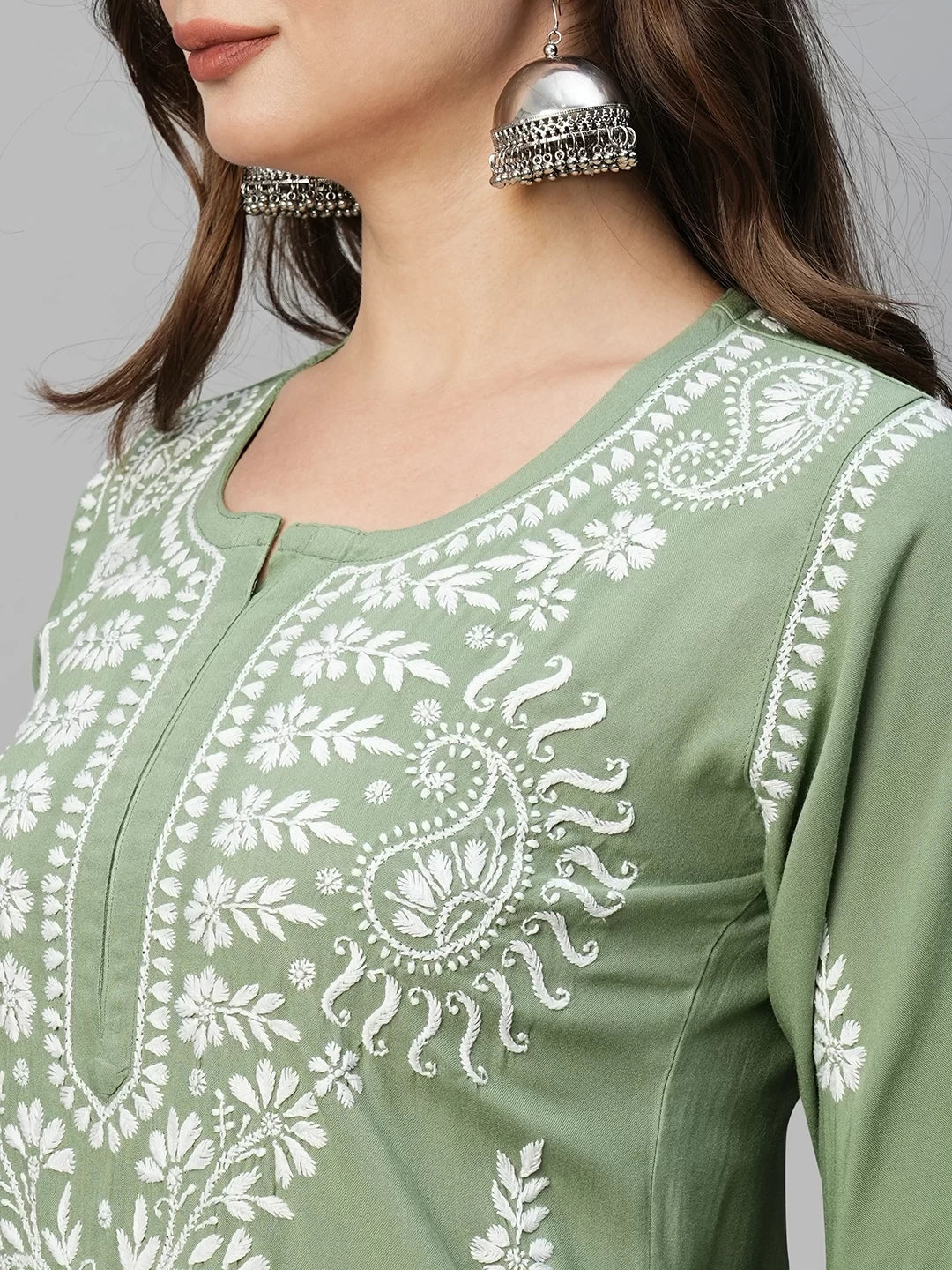 Ada Hand Embroidered Sage Green Rayon Lucknowi Chikankari Straight Kurta A411487