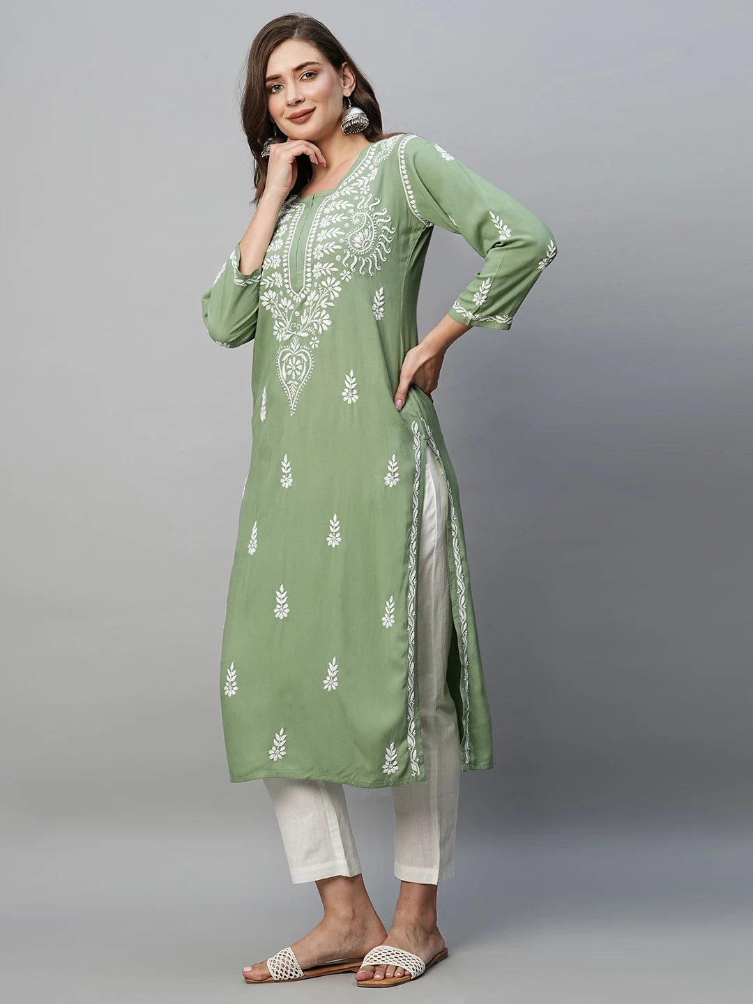 Ada Hand Embroidered Sage Green Rayon Lucknowi Chikankari Straight Kurta A411487