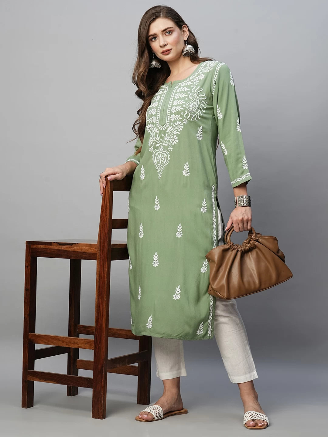 Ada Hand Embroidered Sage Green Rayon Lucknowi Chikankari Straight Kurta A411487