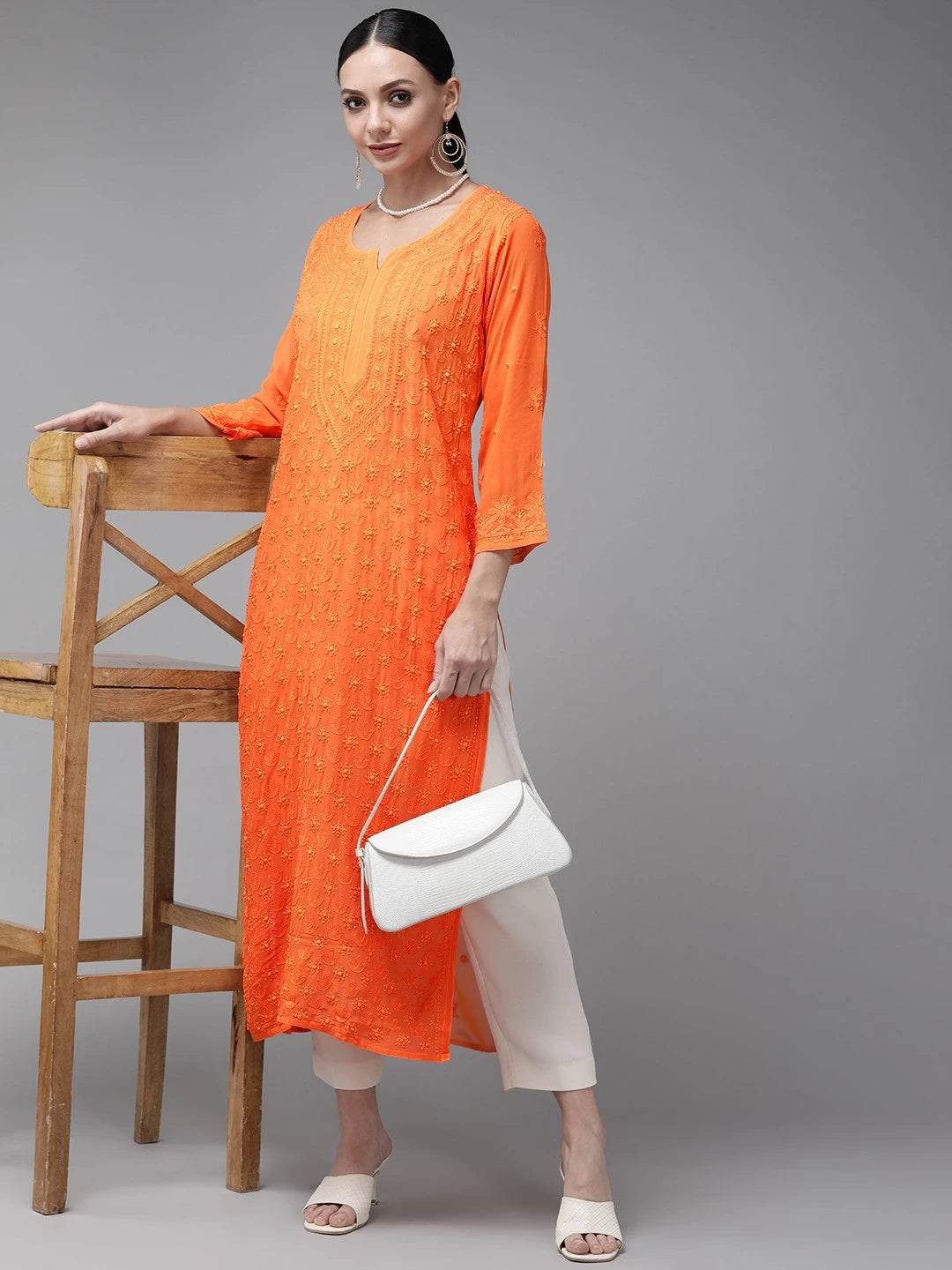 Ada Hand Embroidered Orange Georgette Lucknow Chikankari Straight Kurta A411330