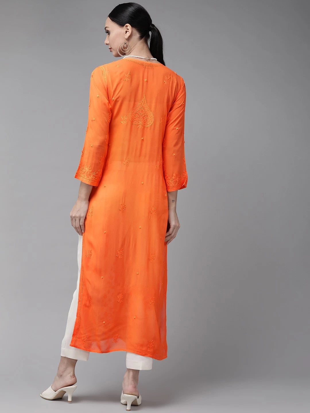 Ada Hand Embroidered Orange Georgette Lucknow Chikankari Straight Kurta A411330