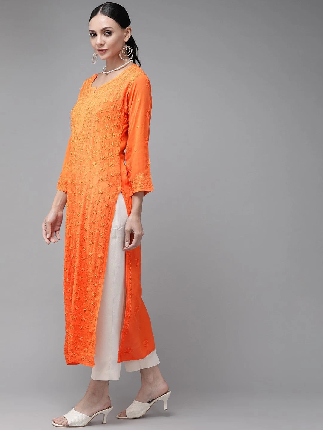 Ada Hand Embroidered Orange Georgette Lucknow Chikankari Straight Kurta A411330