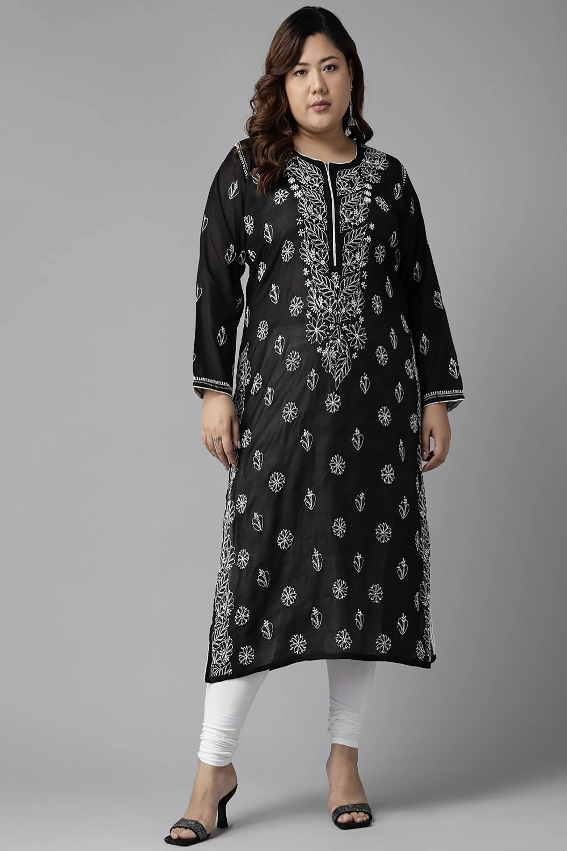 Ada Hand Embroidered Black Chanderi Lucknow Chikankari Kurta A411377