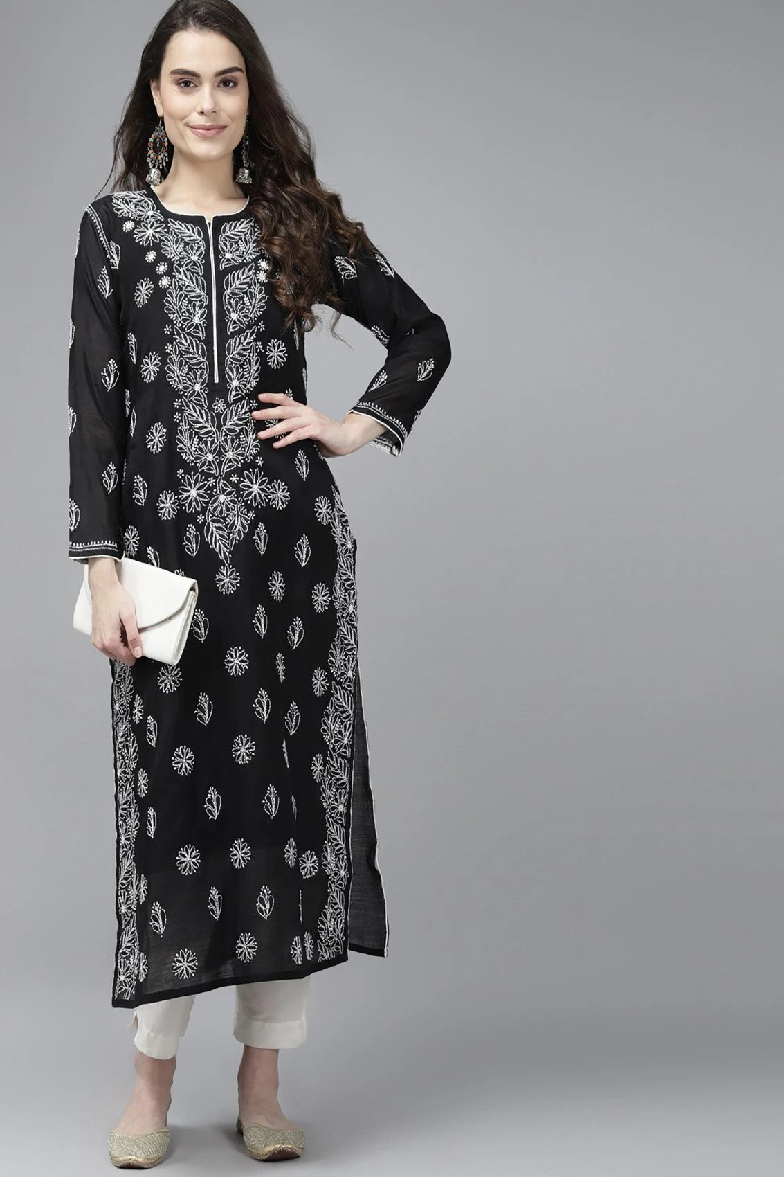 Ada Hand Embroidered Black Chanderi Lucknow Chikankari Kurta A411377