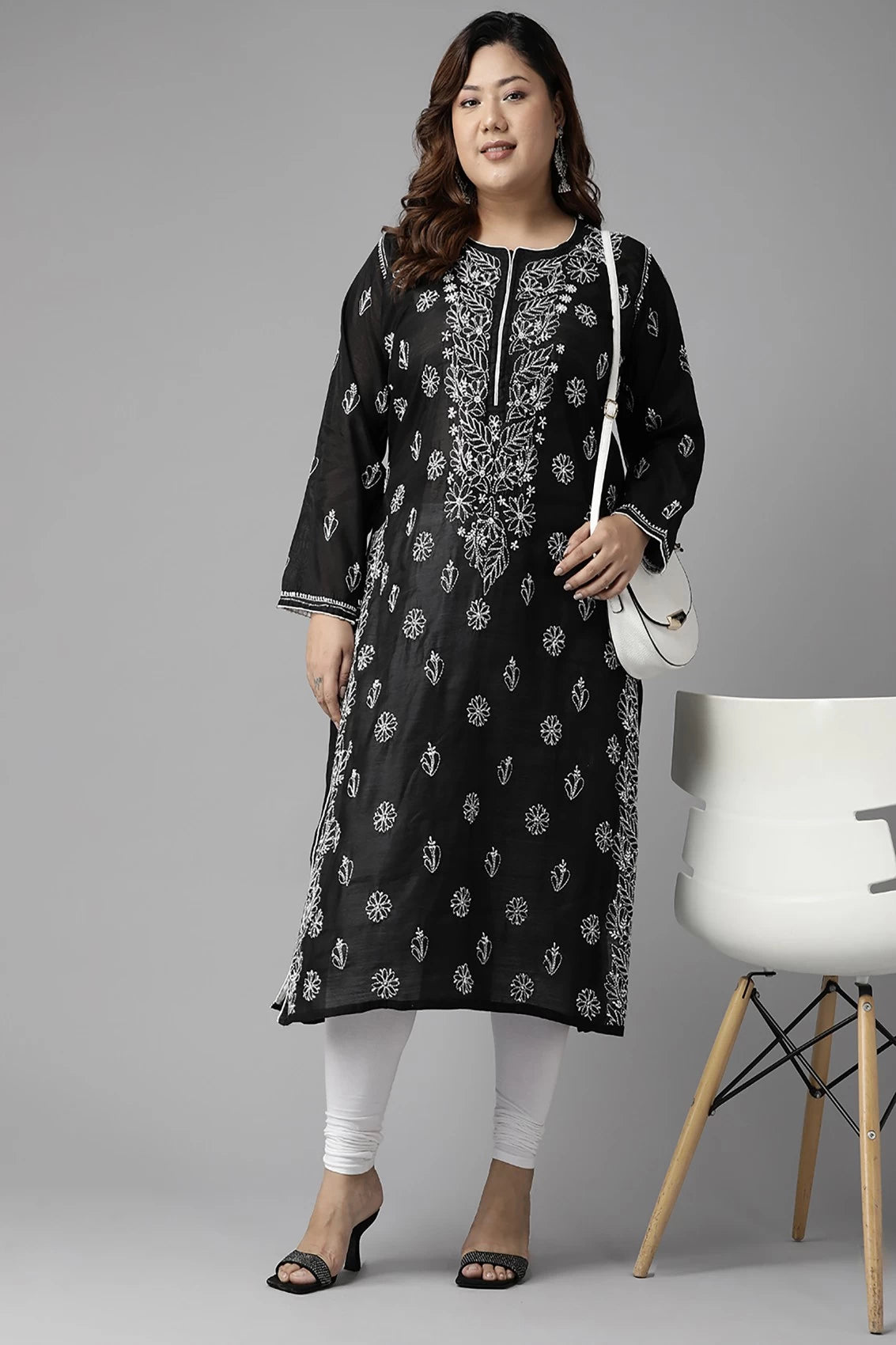 Ada Hand Embroidered Black Chanderi Lucknow Chikankari Kurta A411377