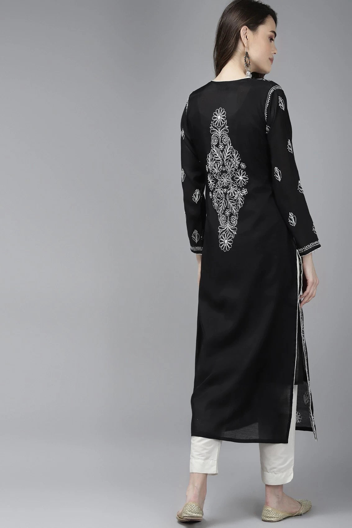 Ada Hand Embroidered Black Chanderi Lucknow Chikankari Kurta A411377