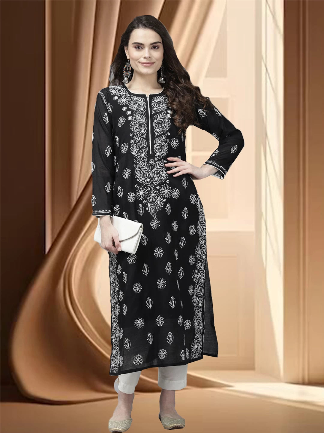 Ada Hand Embroidered Black Chanderi Lucknow Chikankari Kurta A411377