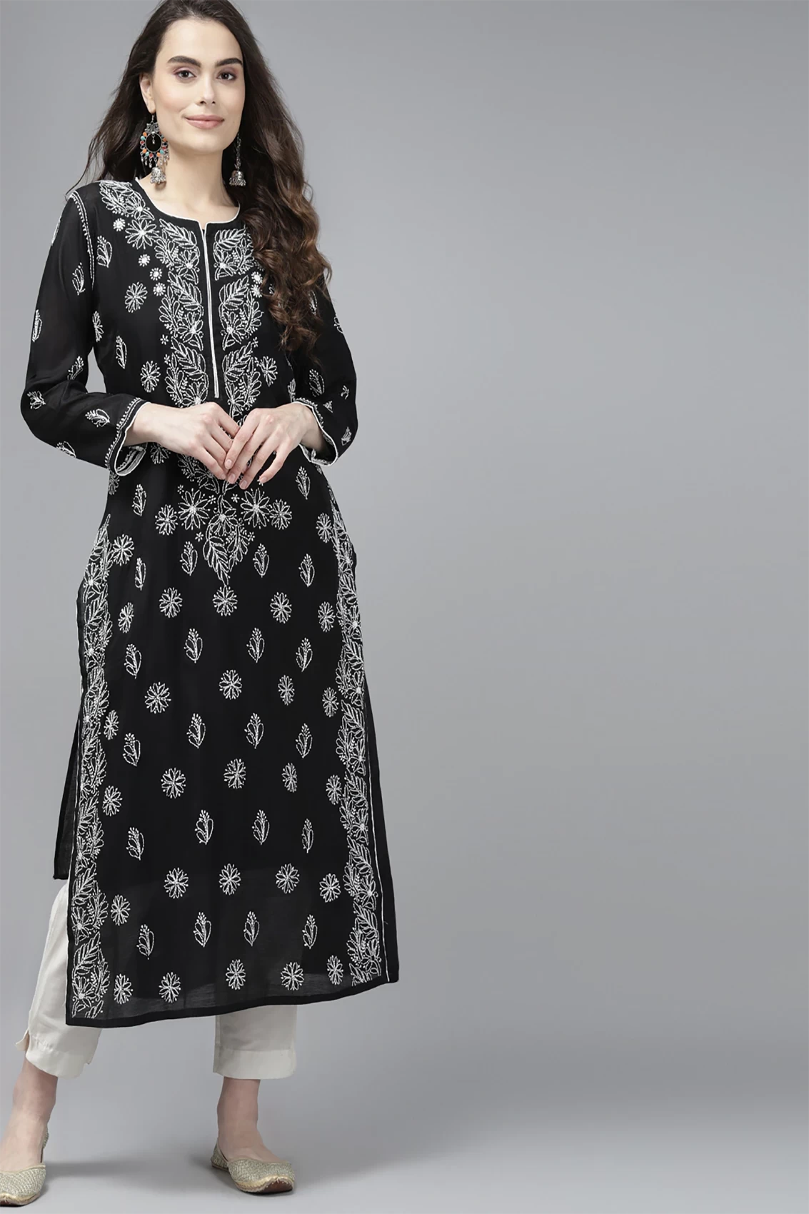 Ada Hand Embroidered Black Chanderi Lucknow Chikankari Kurta A411377