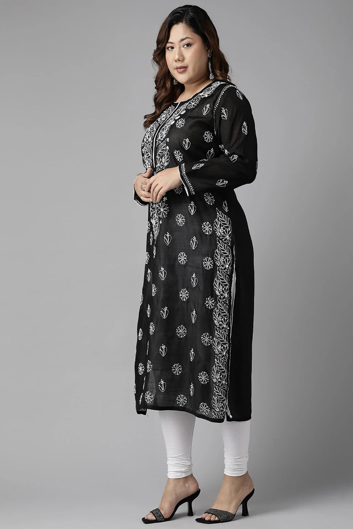 Ada Hand Embroidered Black Chanderi Lucknow Chikankari Kurta A411377