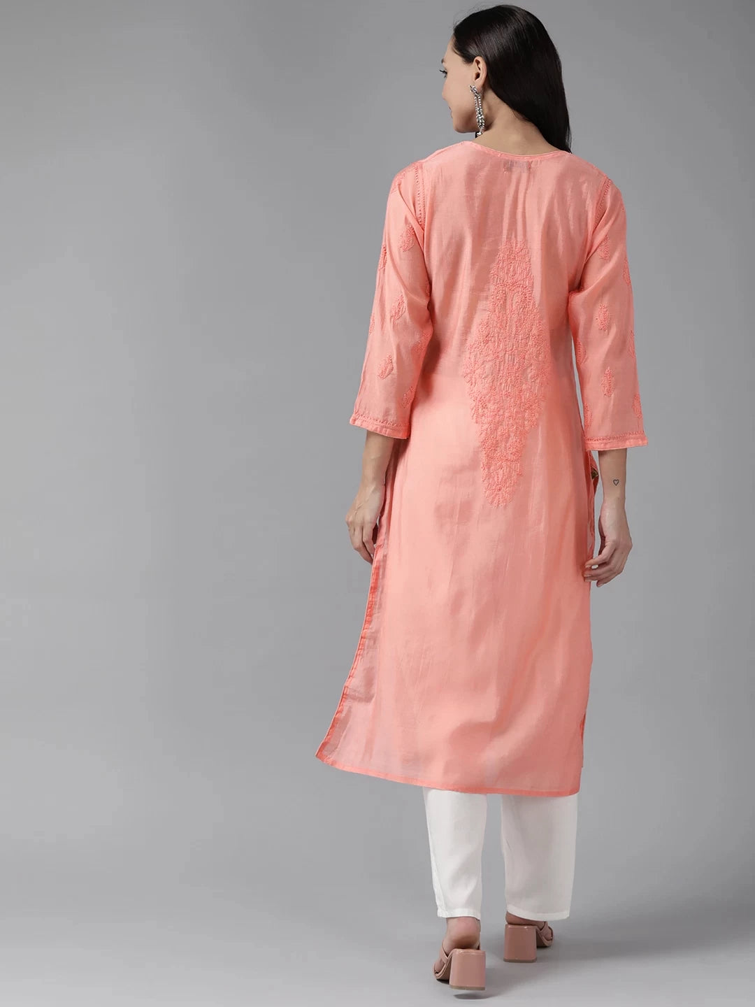 Ada Hand Embroidered Peach Chanderi Lucknowi Chikankari Straight Kurta A411468