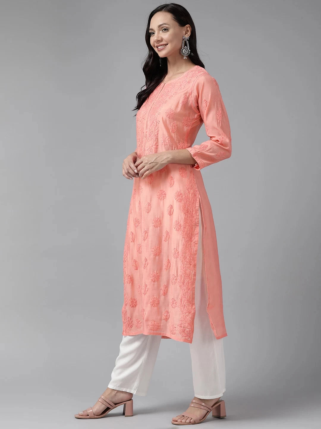 Ada Hand Embroidered Peach Chanderi Lucknowi Chikankari Straight Kurta A411468