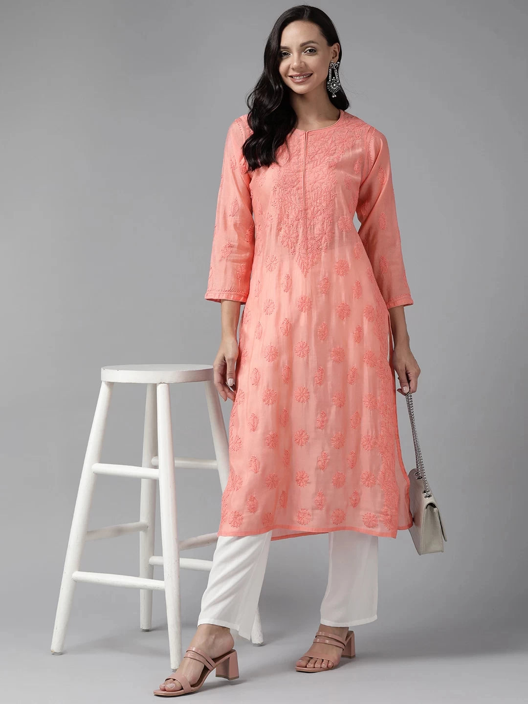Ada Hand Embroidered Peach Chanderi Lucknowi Chikankari Straight Kurta A411468