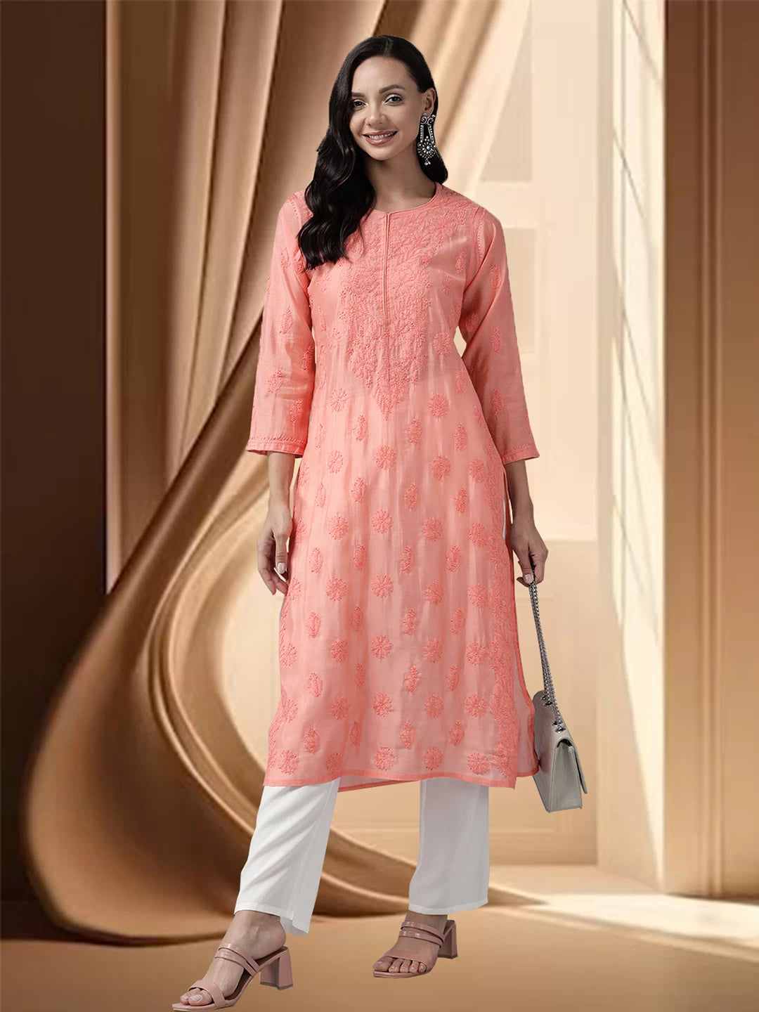 Ada Hand Embroidered Peach Chanderi Lucknowi Chikankari Straight Kurta A411468