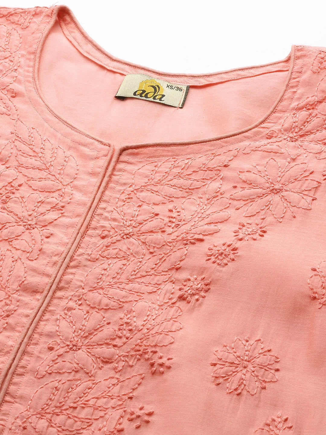 Ada Hand Embroidered Peach Chanderi Lucknowi Chikankari Straight Kurta A411468