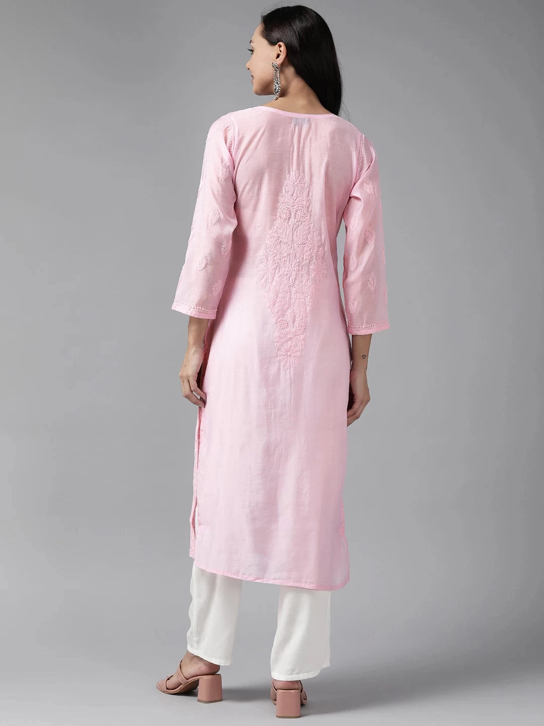 Ada Hand Embroidered Baby Pink Chanderi Lucknowi Chikankari Straight Kurta A411467