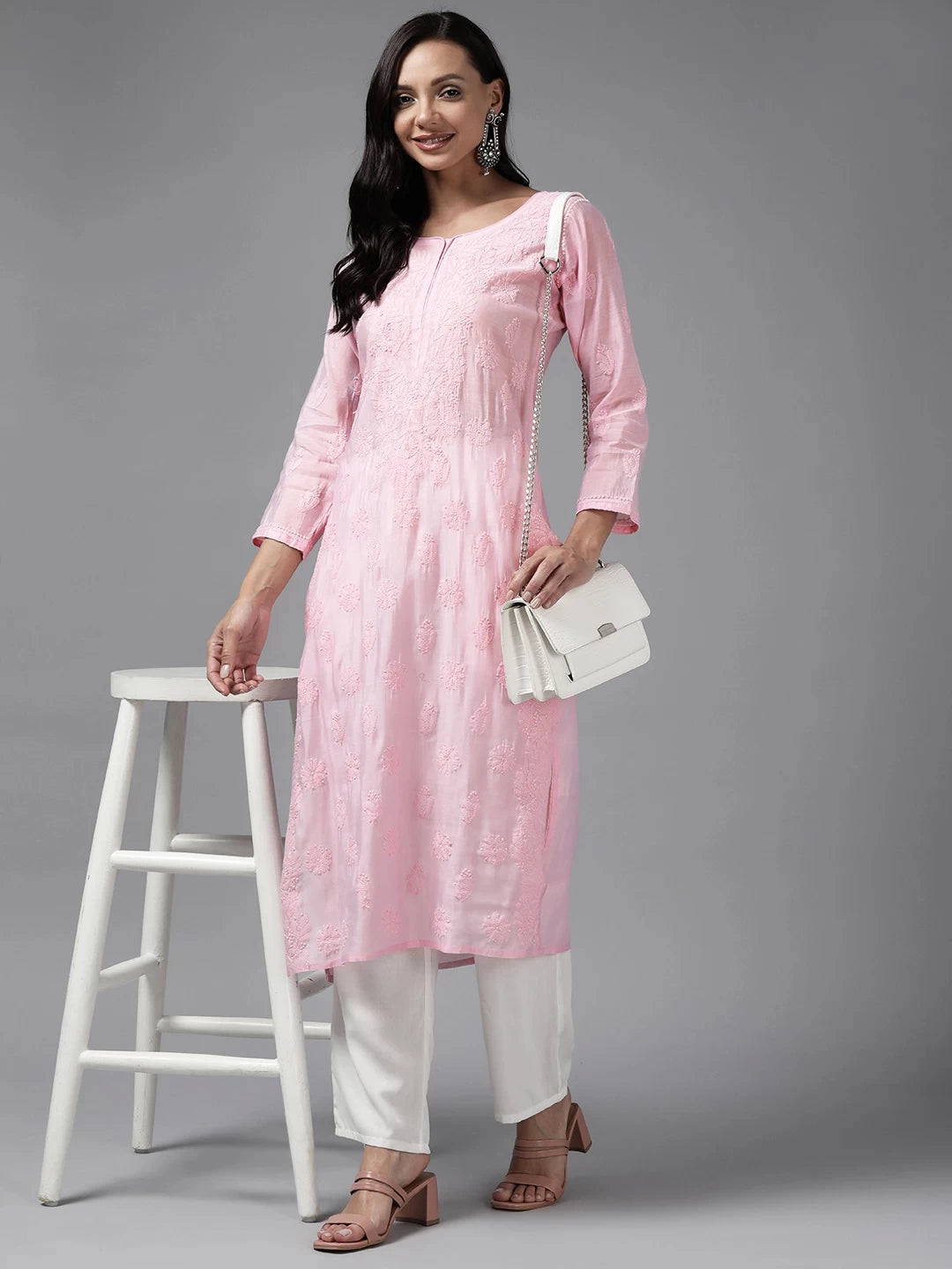 Ada Hand Embroidered Baby Pink Chanderi Lucknowi Chikankari Straight Kurta A411467