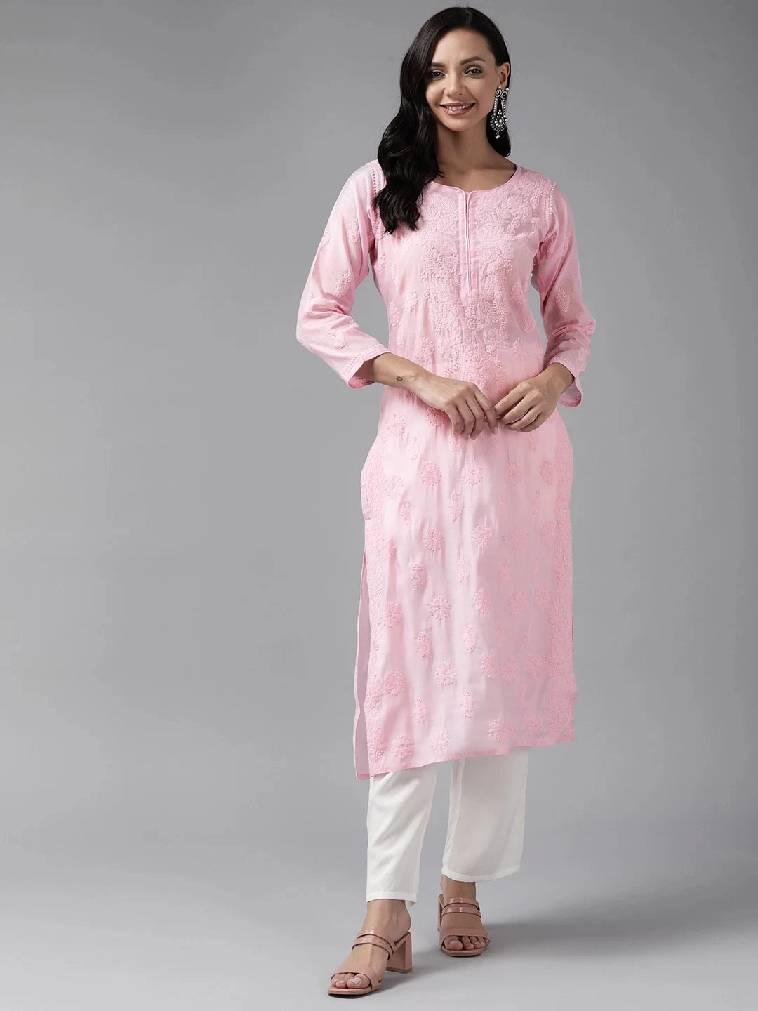 Ada Hand Embroidered Baby Pink Chanderi Lucknowi Chikankari Straight Kurta A411467