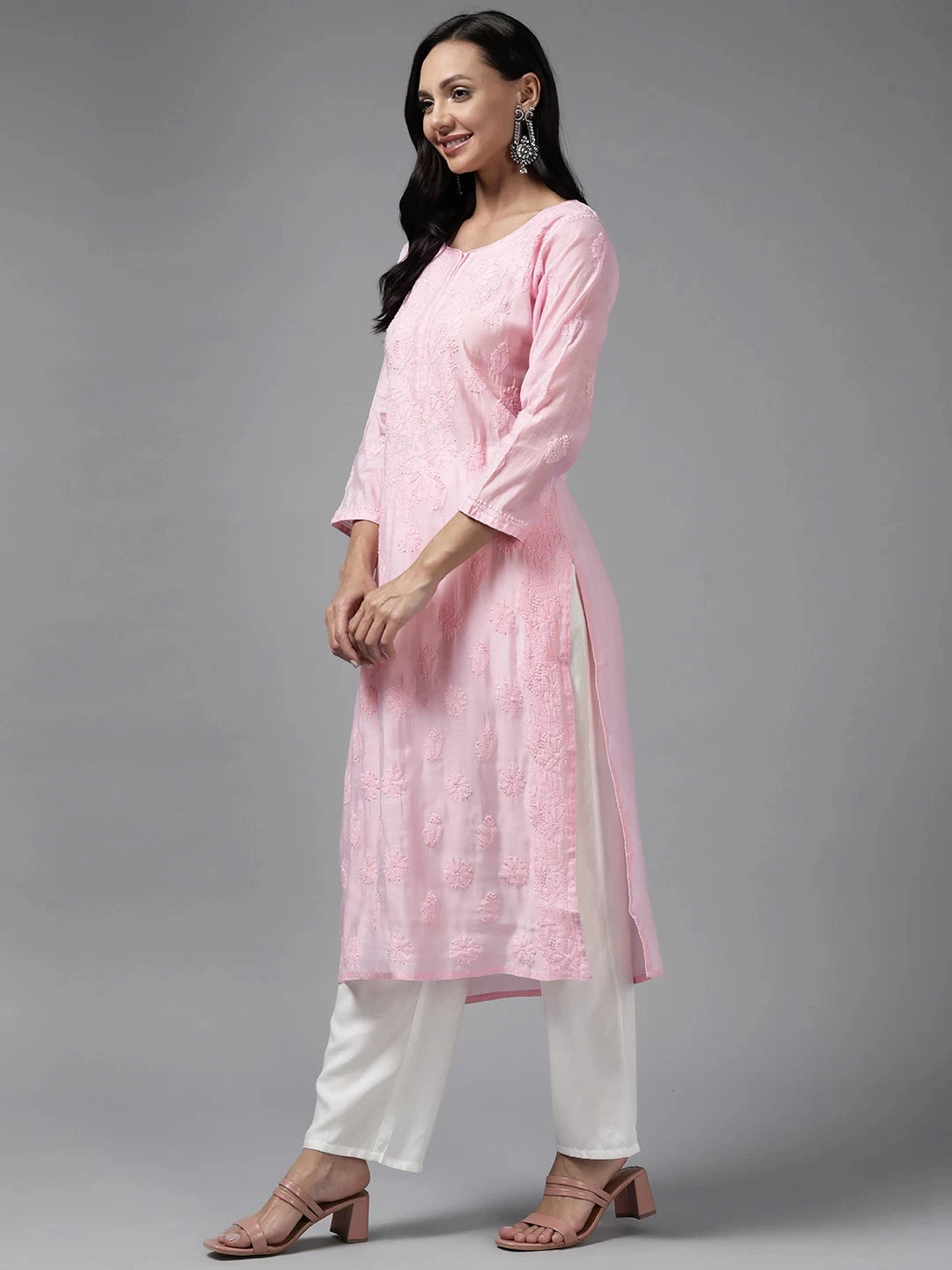 Ada Hand Embroidered Baby Pink Chanderi Lucknowi Chikankari Straight Kurta A411467