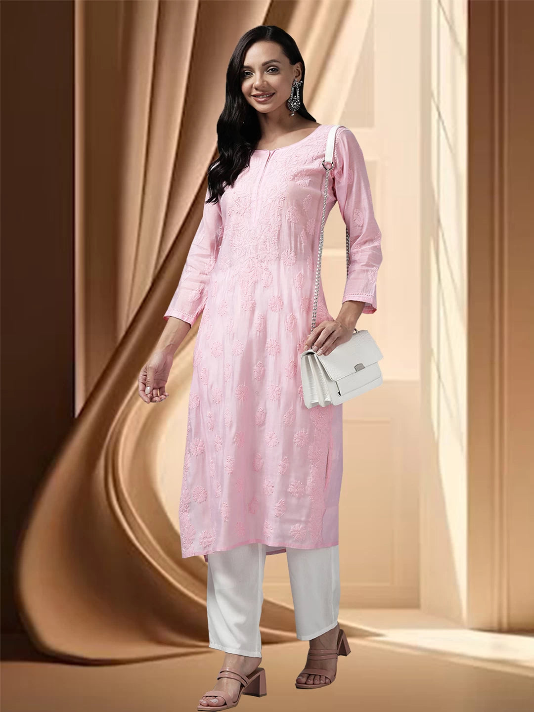 Ada Hand Embroidered Baby Pink Chanderi Lucknowi Chikankari Straight Kurta A411467