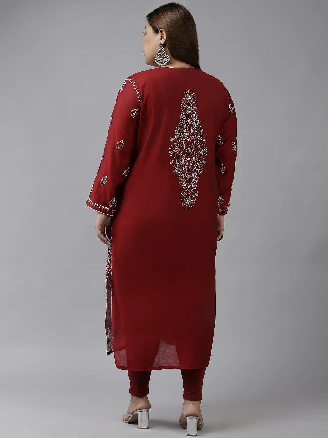 Ada Hand Embroidered Maroon Chanderi Lucknow Chikankari Kurta A411376