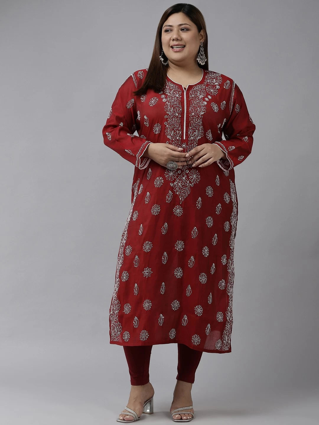 Ada Hand Embroidered Maroon Chanderi Lucknow Chikankari Kurta A411376