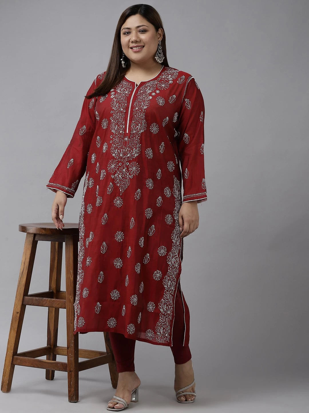 Ada Hand Embroidered Maroon Chanderi Lucknow Chikankari Kurta A411376