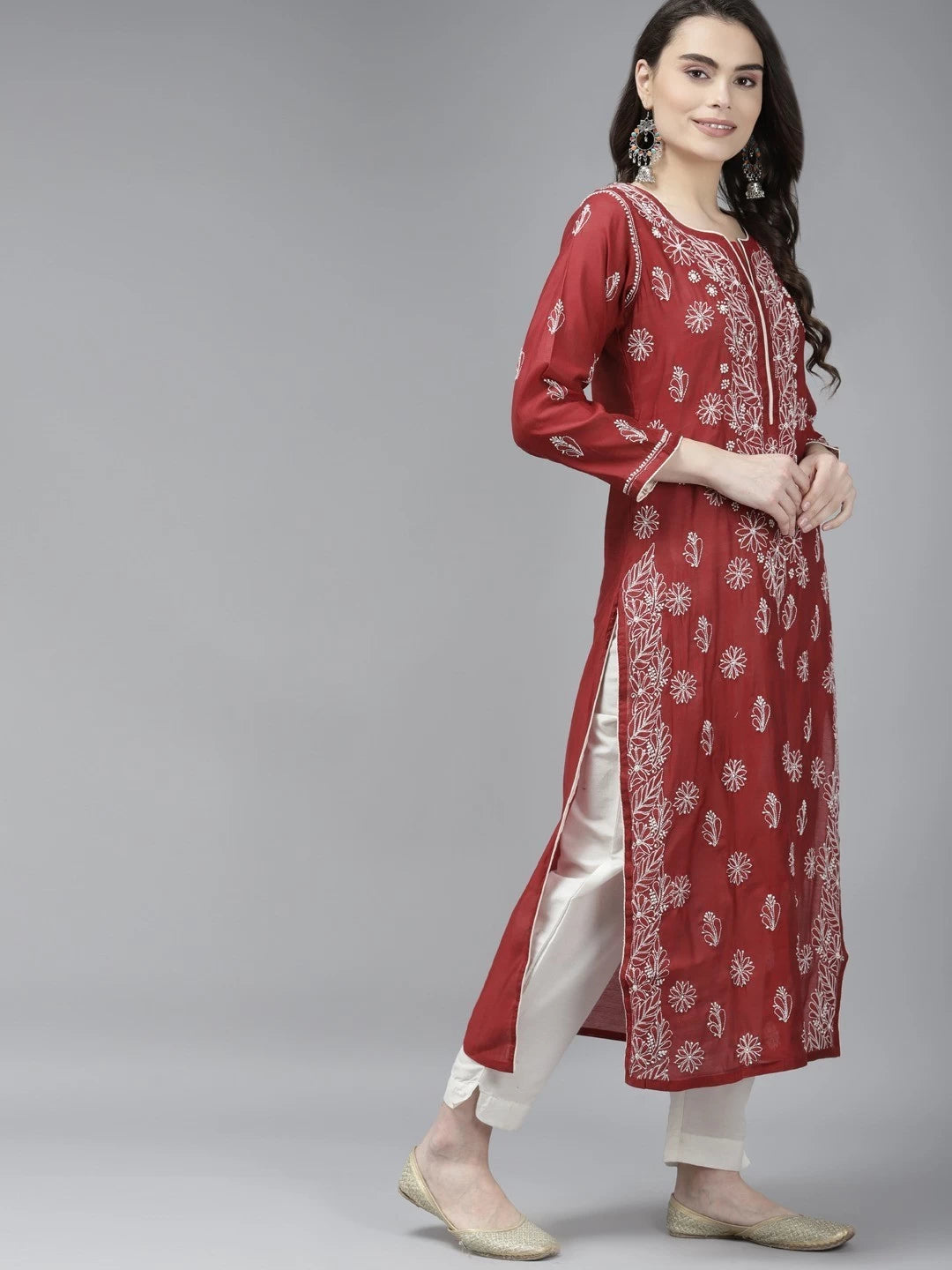 Ada Hand Embroidered Maroon Chanderi Lucknow Chikankari Kurta A411376