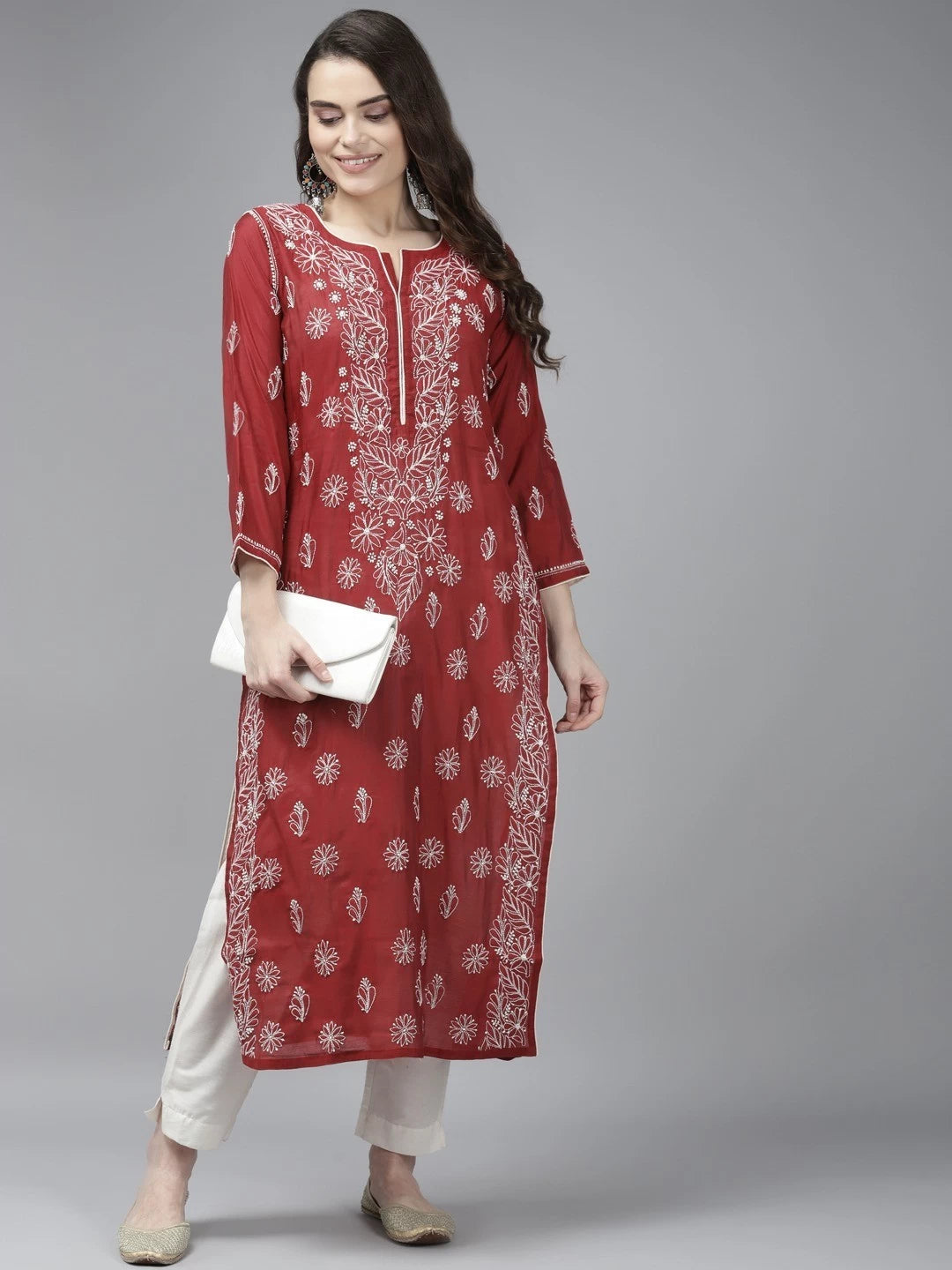Ada Hand Embroidered Maroon Chanderi Lucknow Chikankari Kurta A411376
