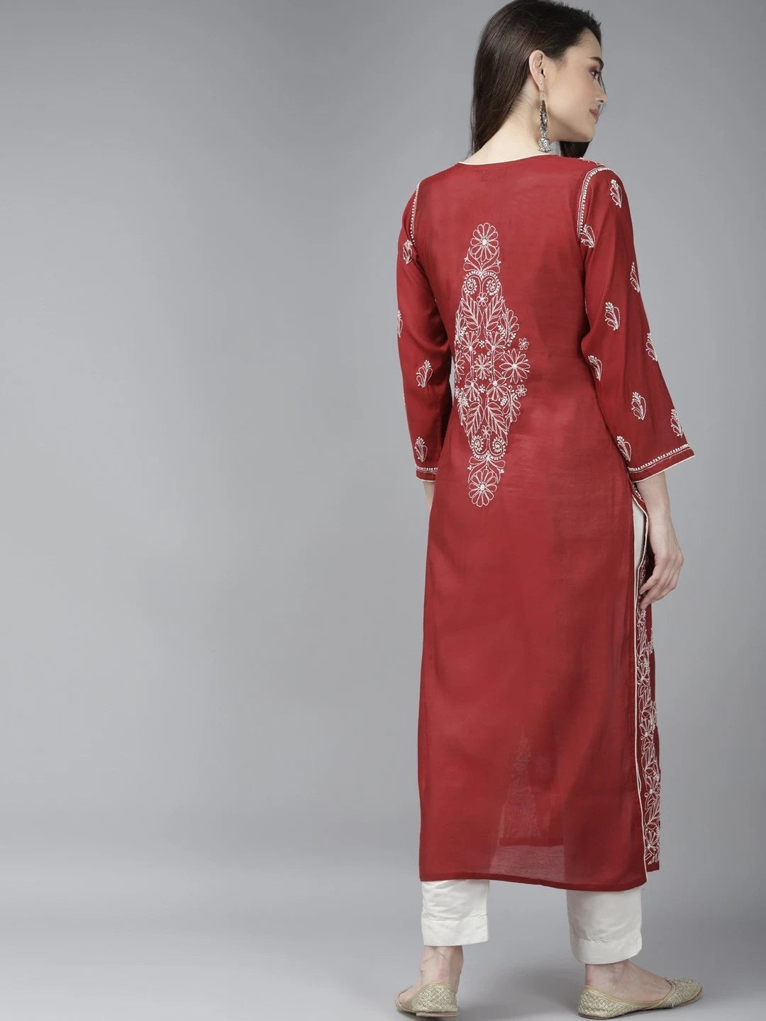 Ada Hand Embroidered Maroon Chanderi Lucknow Chikankari Kurta A411376