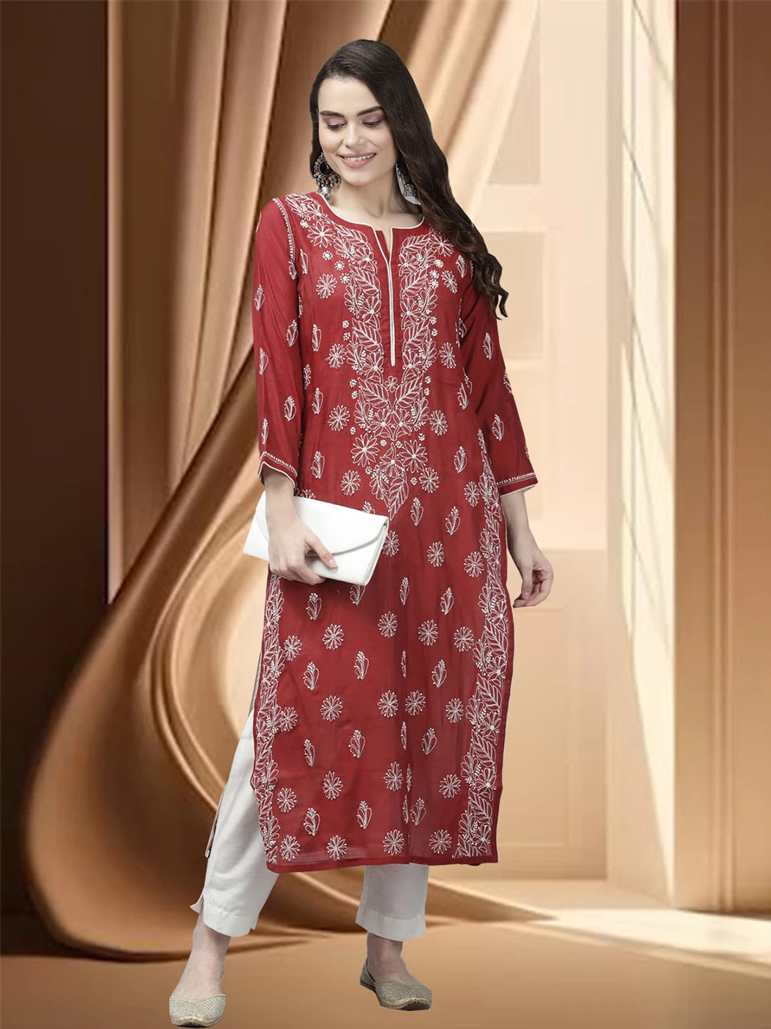 Ada Hand Embroidered Maroon Chanderi Lucknow Chikankari Kurta A411376