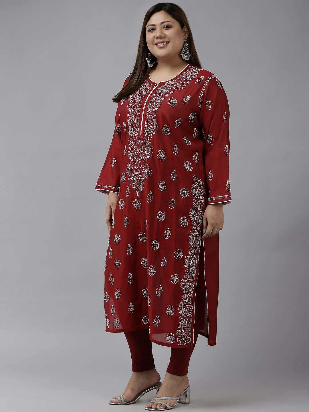 Ada Hand Embroidered Maroon Chanderi Lucknow Chikankari Kurta A411376