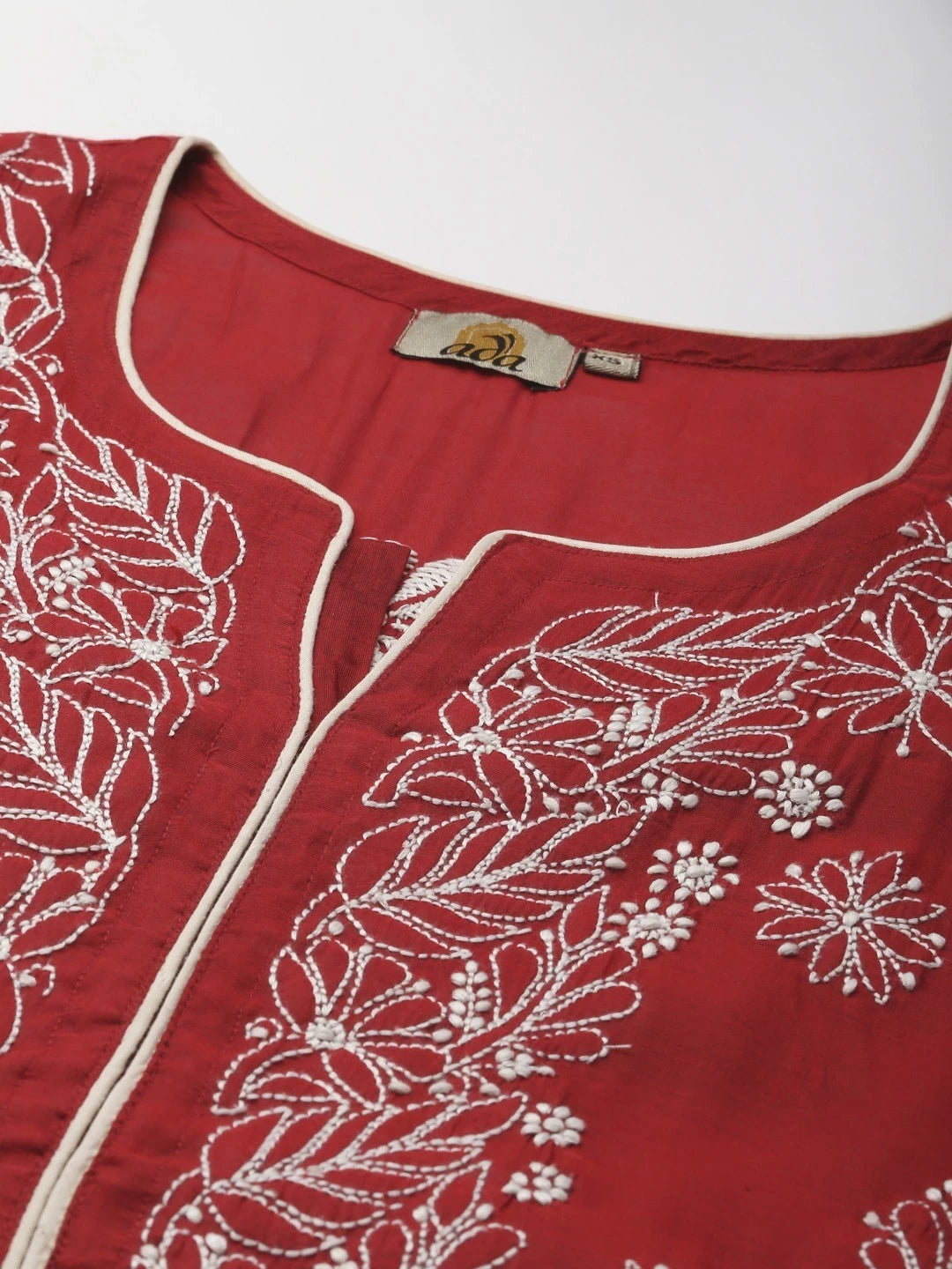 Ada Hand Embroidered Maroon Chanderi Lucknow Chikankari Kurta A411376