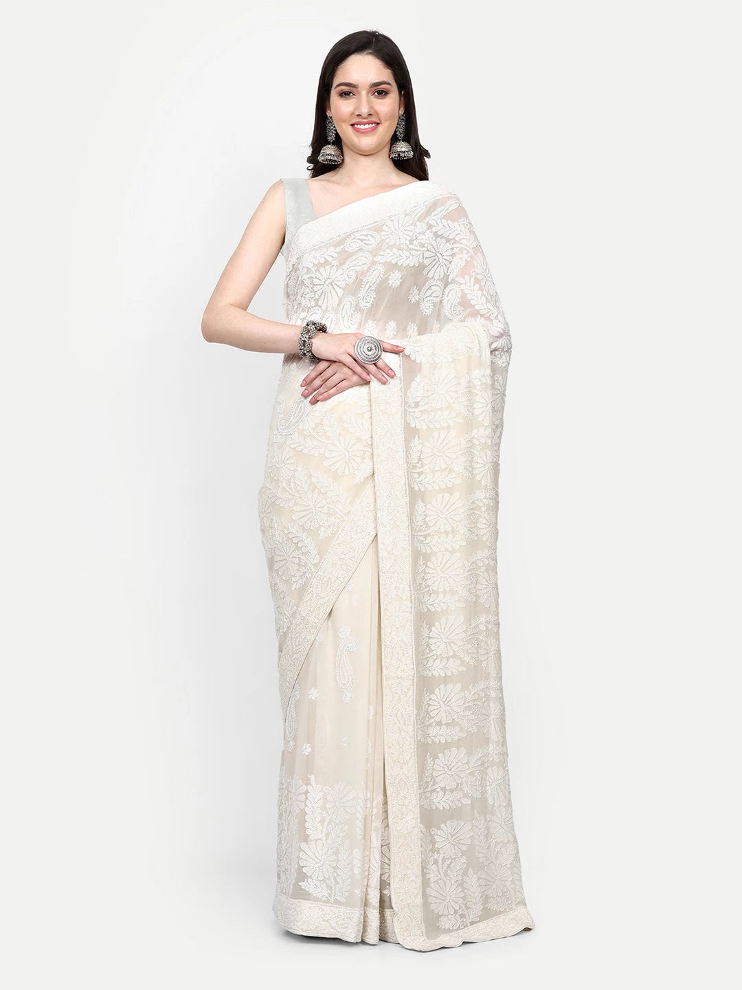Ada Hand Embroidered Ivory White Pure Georgette Lucknowi Chikankari Saree With Blouse 01A357051