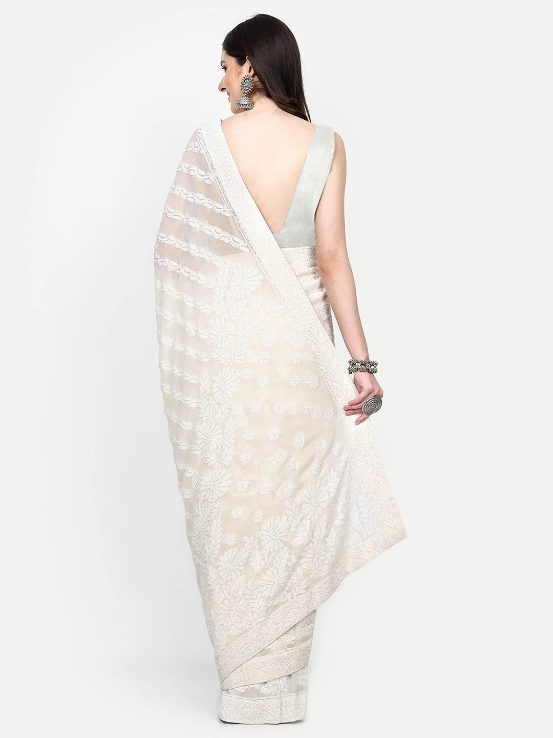 Ada Hand Embroidered Ivory White Pure Georgette Lucknowi Chikankari Saree With Blouse 01A357051