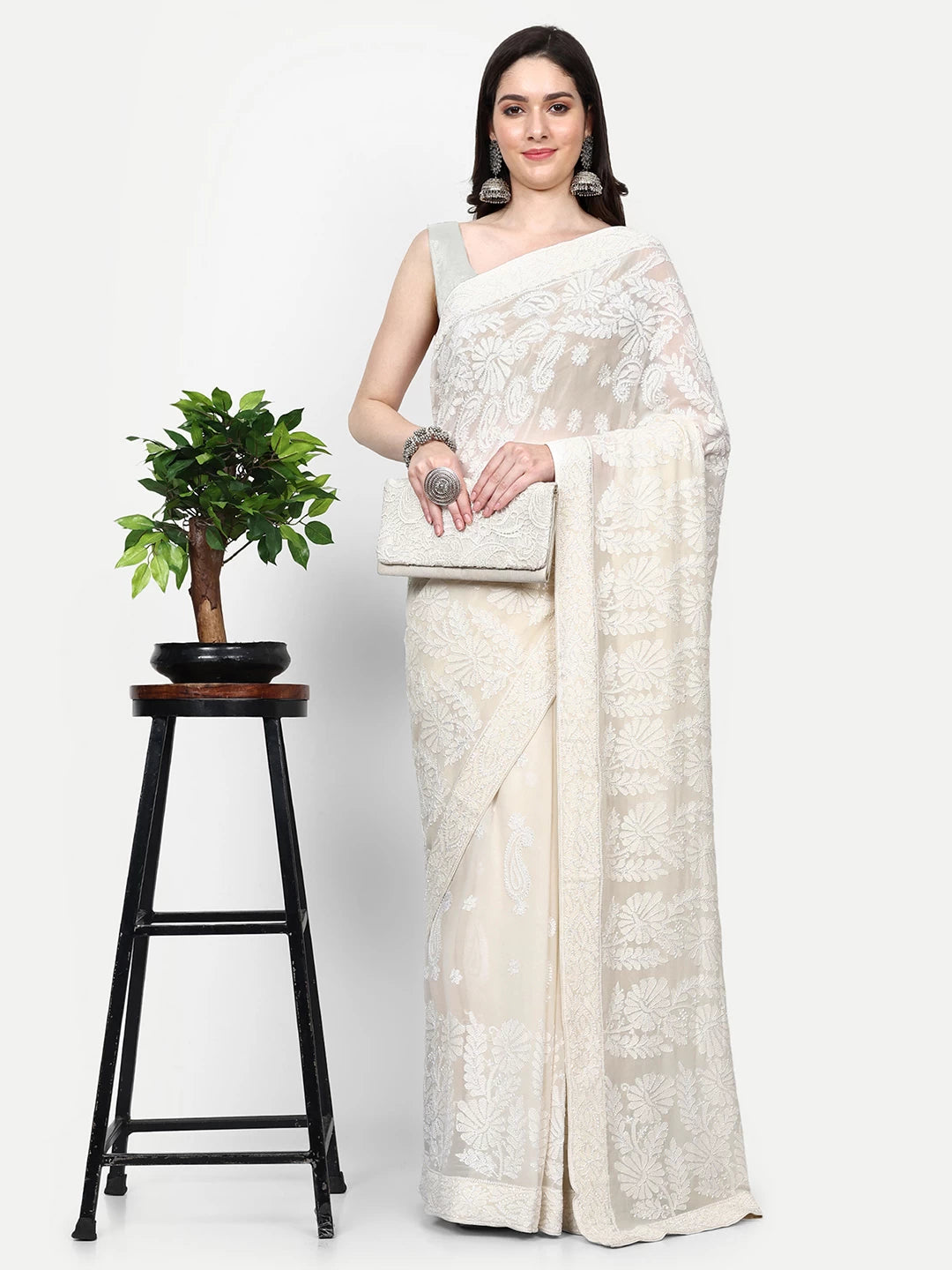 Ada Hand Embroidered Ivory White Pure Georgette Lucknowi Chikankari Saree With Blouse 01A357051