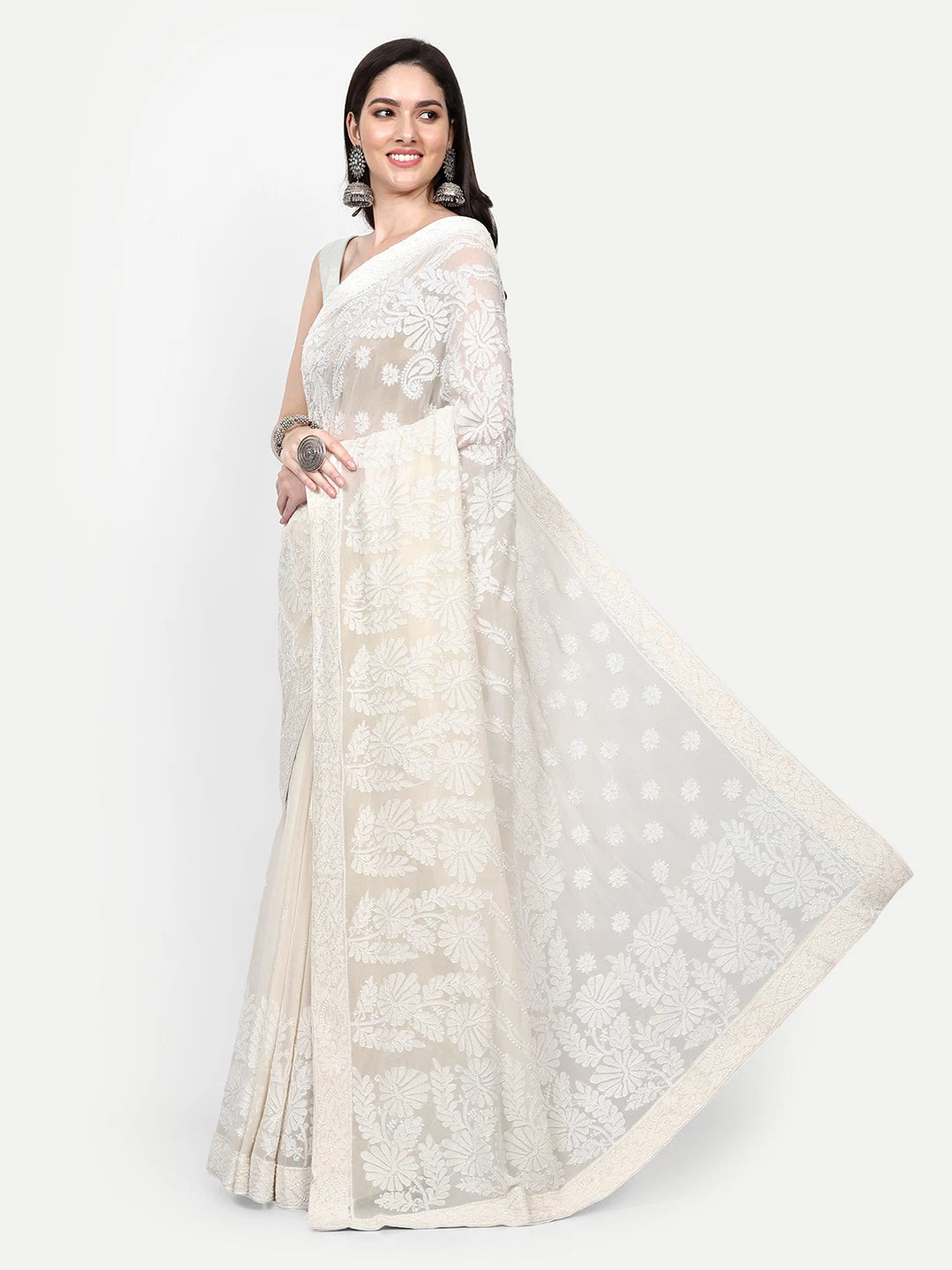 Ada Hand Embroidered Ivory White Pure Georgette Lucknowi Chikankari Saree With Blouse 01A357051
