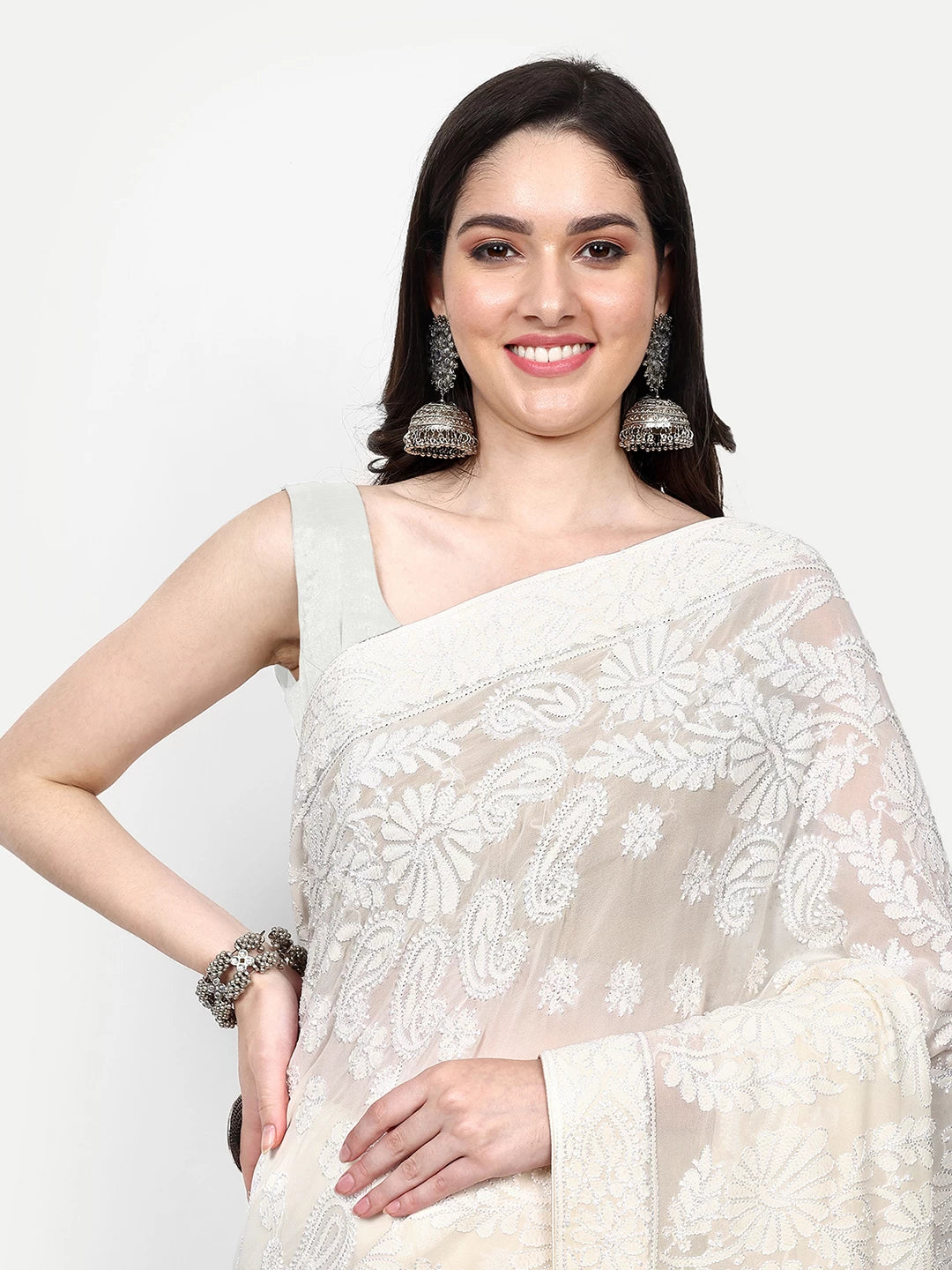 Ada Hand Embroidered Ivory White Pure Georgette Lucknowi Chikankari Saree With Blouse 01A357051