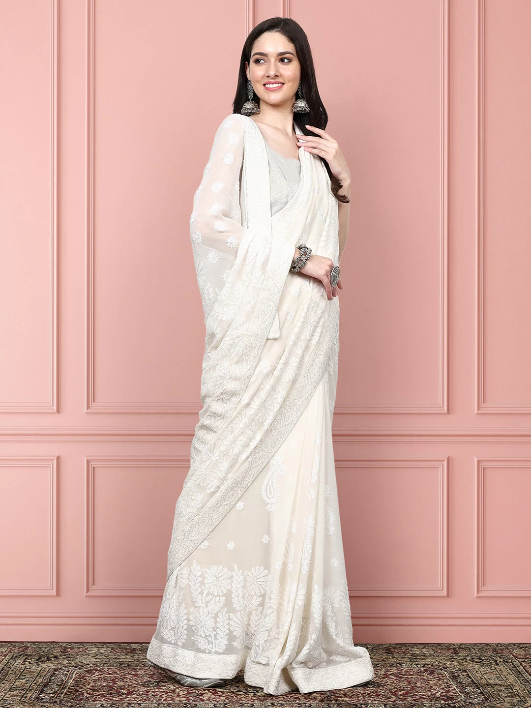 Ada Hand Embroidered Ivory White Pure Georgette Lucknowi Chikankari Saree With Blouse 01A357051