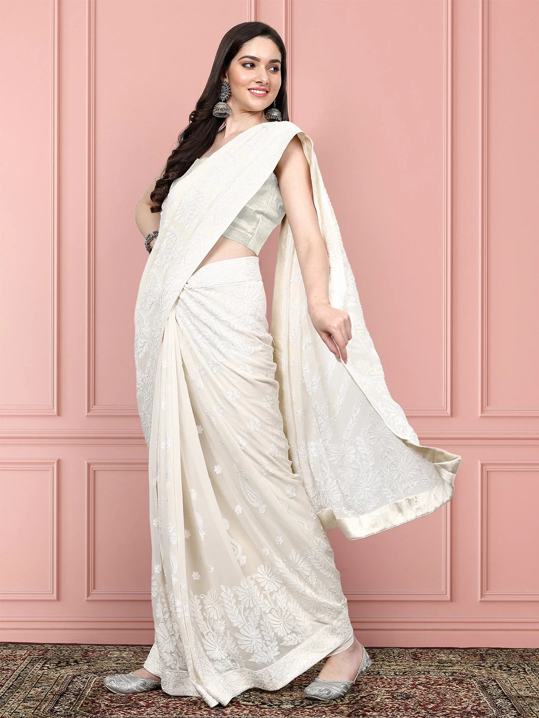 Ada Hand Embroidered Ivory White Pure Georgette Lucknowi Chikankari Saree With Blouse 01A357051
