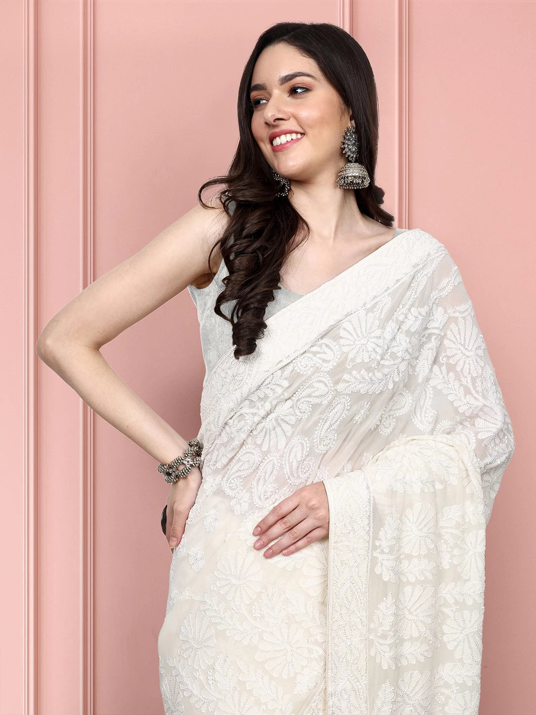 Ada Hand Embroidered Ivory White Pure Georgette Lucknowi Chikankari Saree With Blouse 01A357051