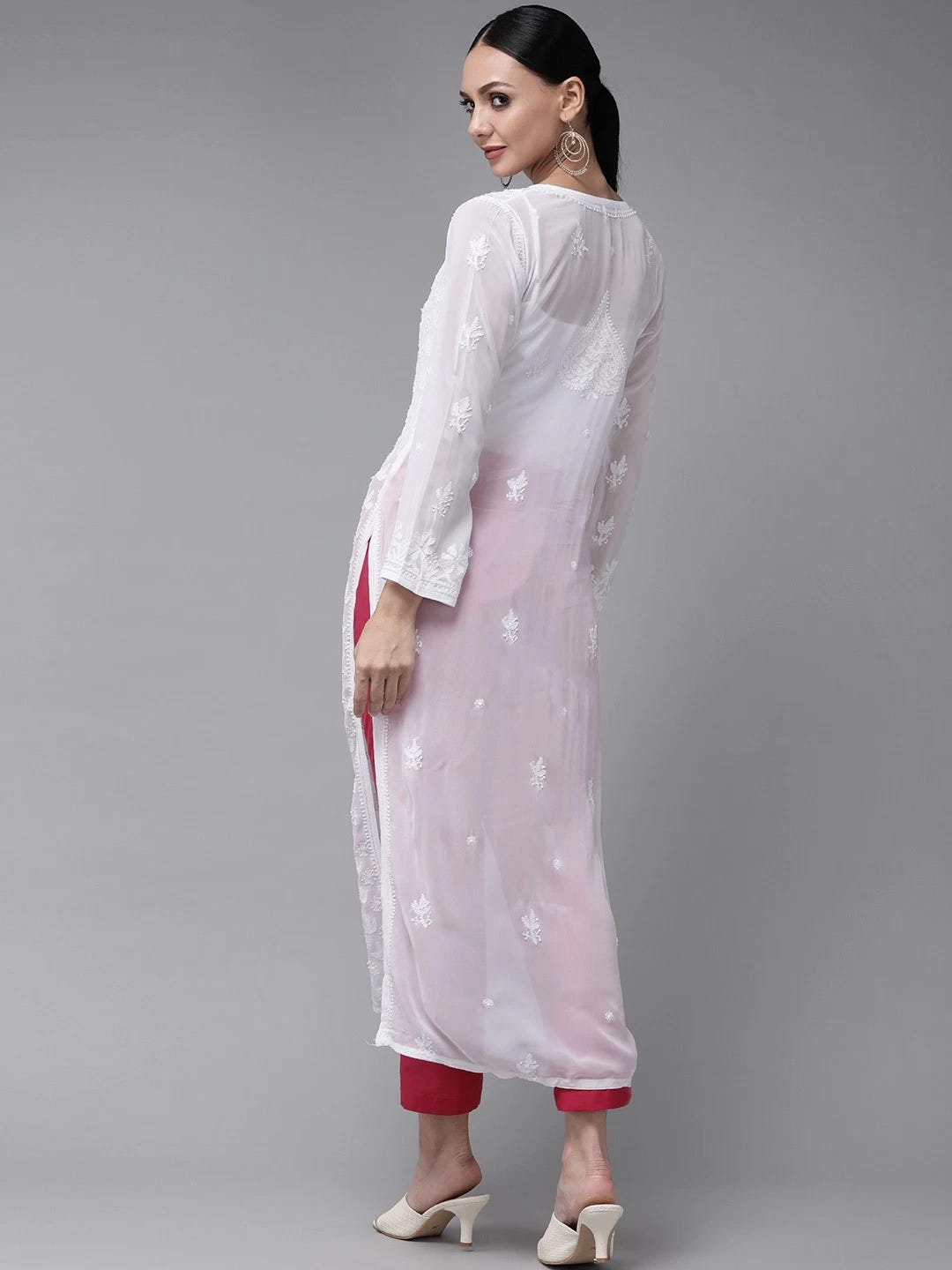 Ada Hand Embroidered White Georgette Lucknow Chikankari Straight Kurta-A411329