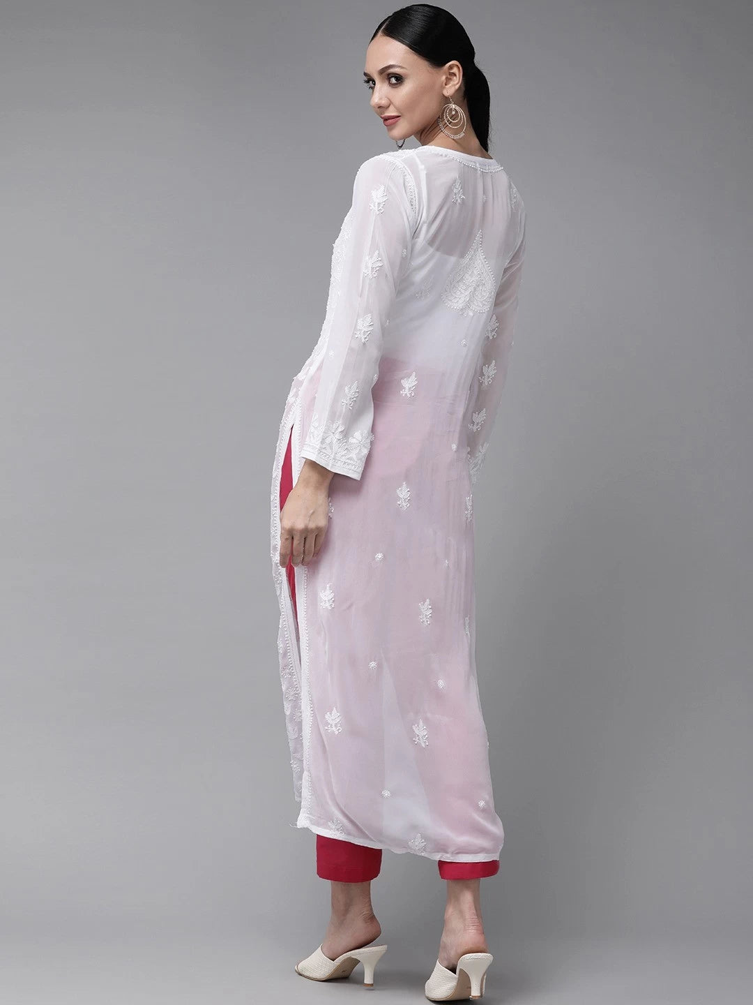 Ada Hand Embroidered White Georgette Lucknow Chikankari Straight Kurta-A411329