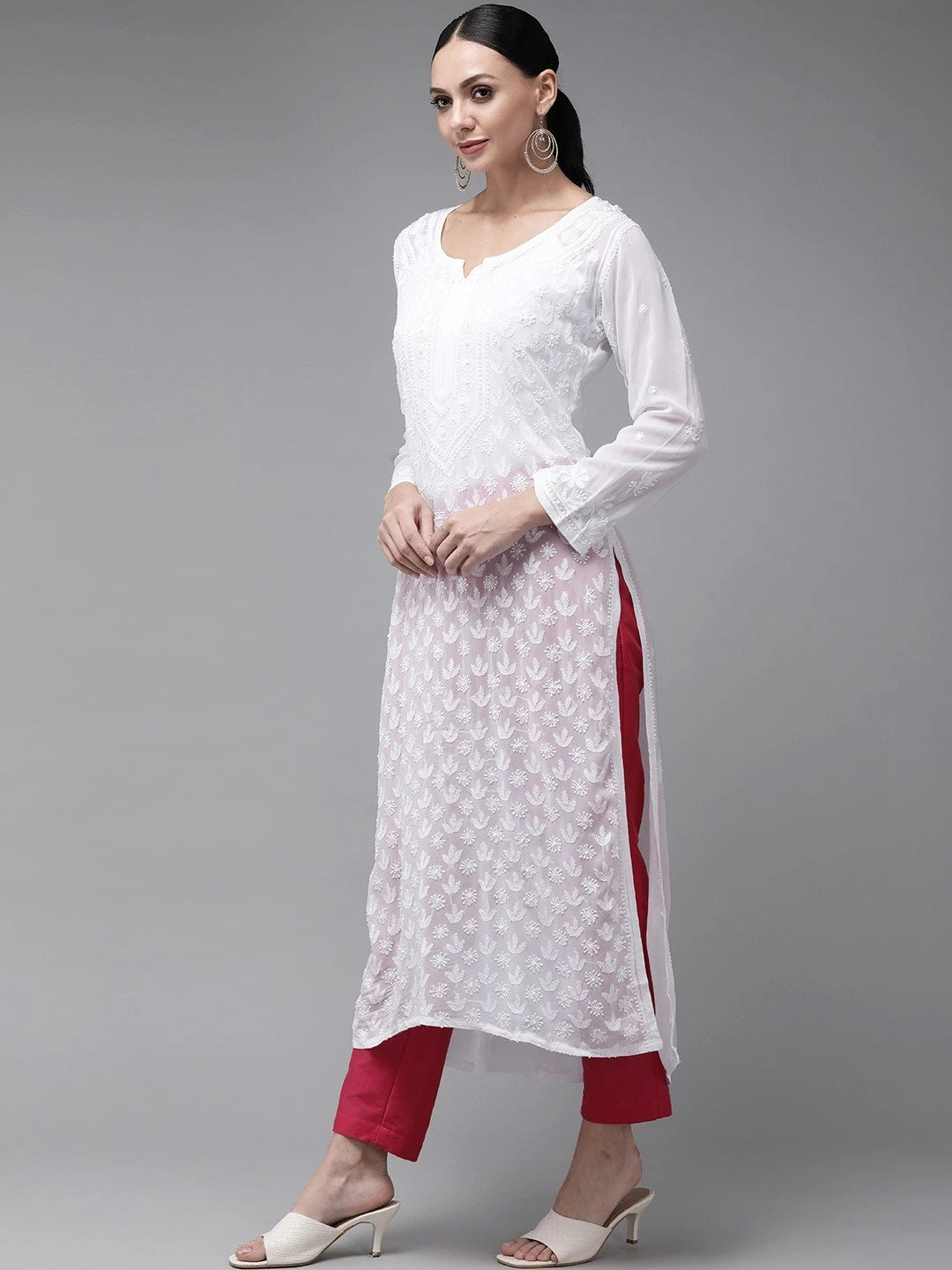 Ada Hand Embroidered White Georgette Lucknow Chikankari Straight Kurta-A411329