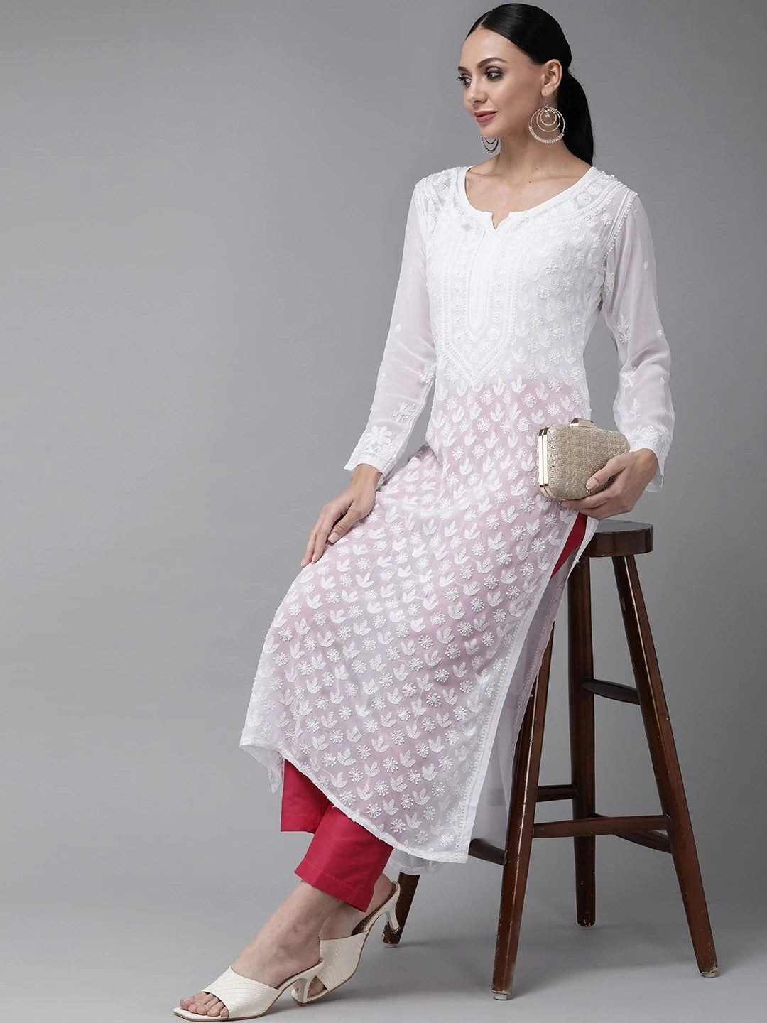 Ada Hand Embroidered White Georgette Lucknow Chikankari Straight Kurta-A411329