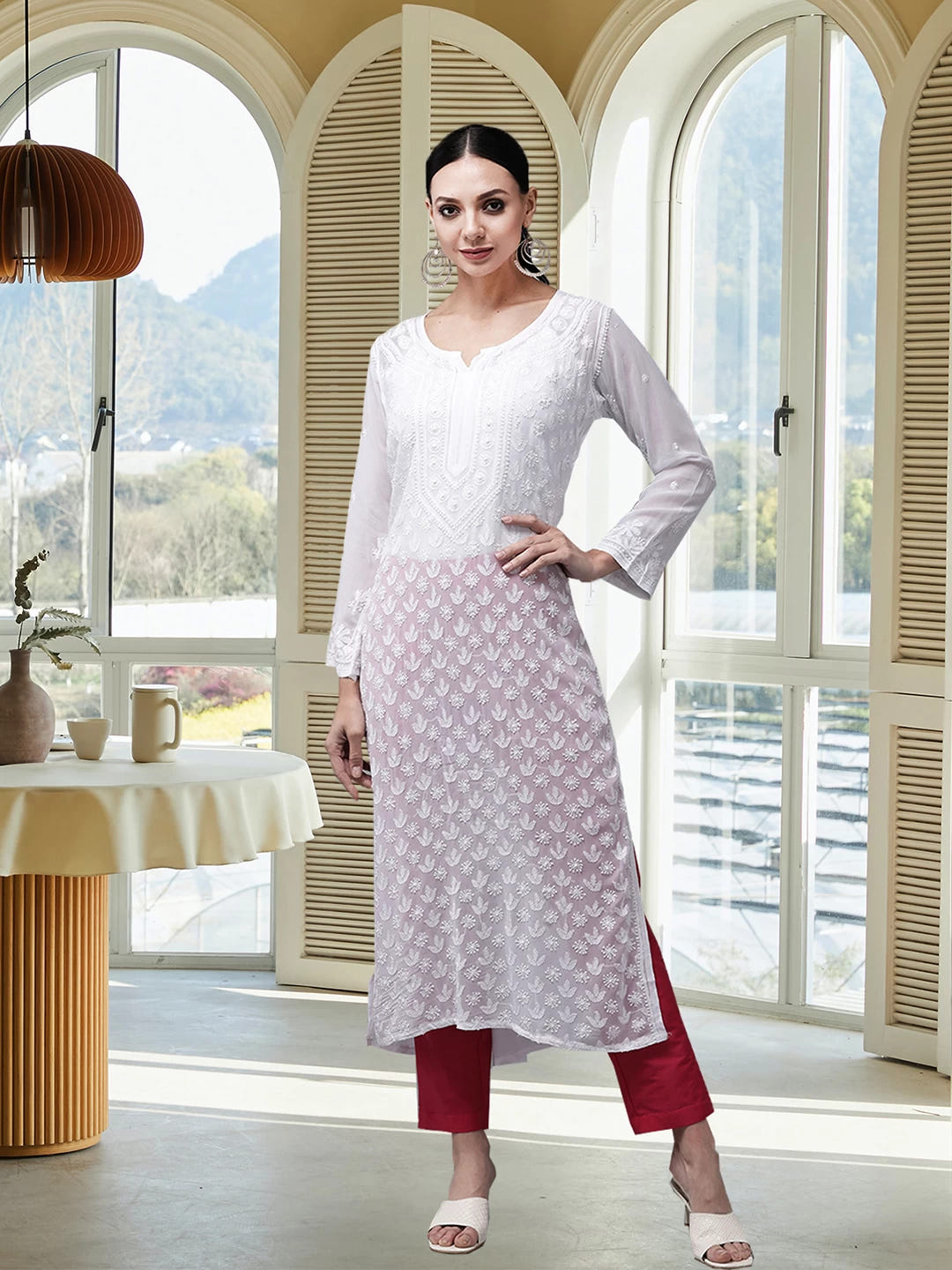 Ada Hand Embroidered White Georgette Lucknow Chikankari Straight Kurta-A411329