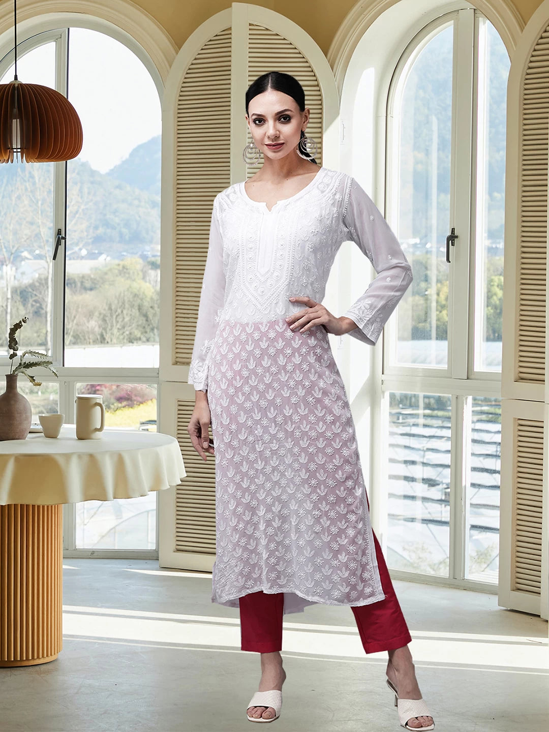 Ada Hand Embroidered White Georgette Lucknow Chikankari Straight Kurta-A411329