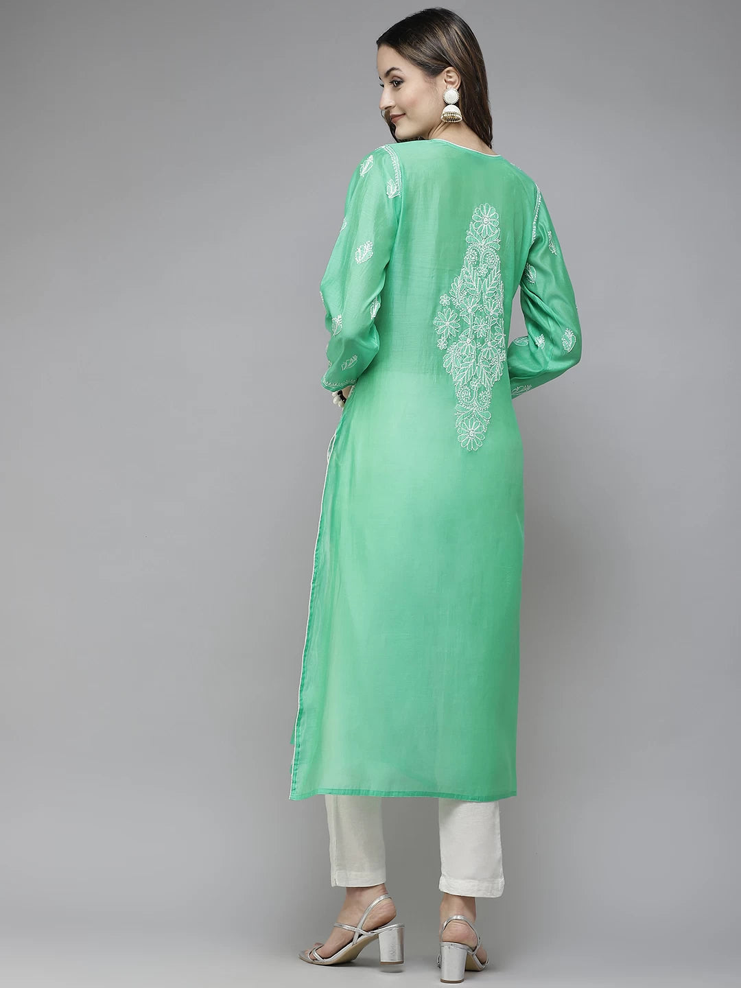 Ada Hand Embroidered Green Chanderi Lucknowi Chikan Straight Kurta A411396