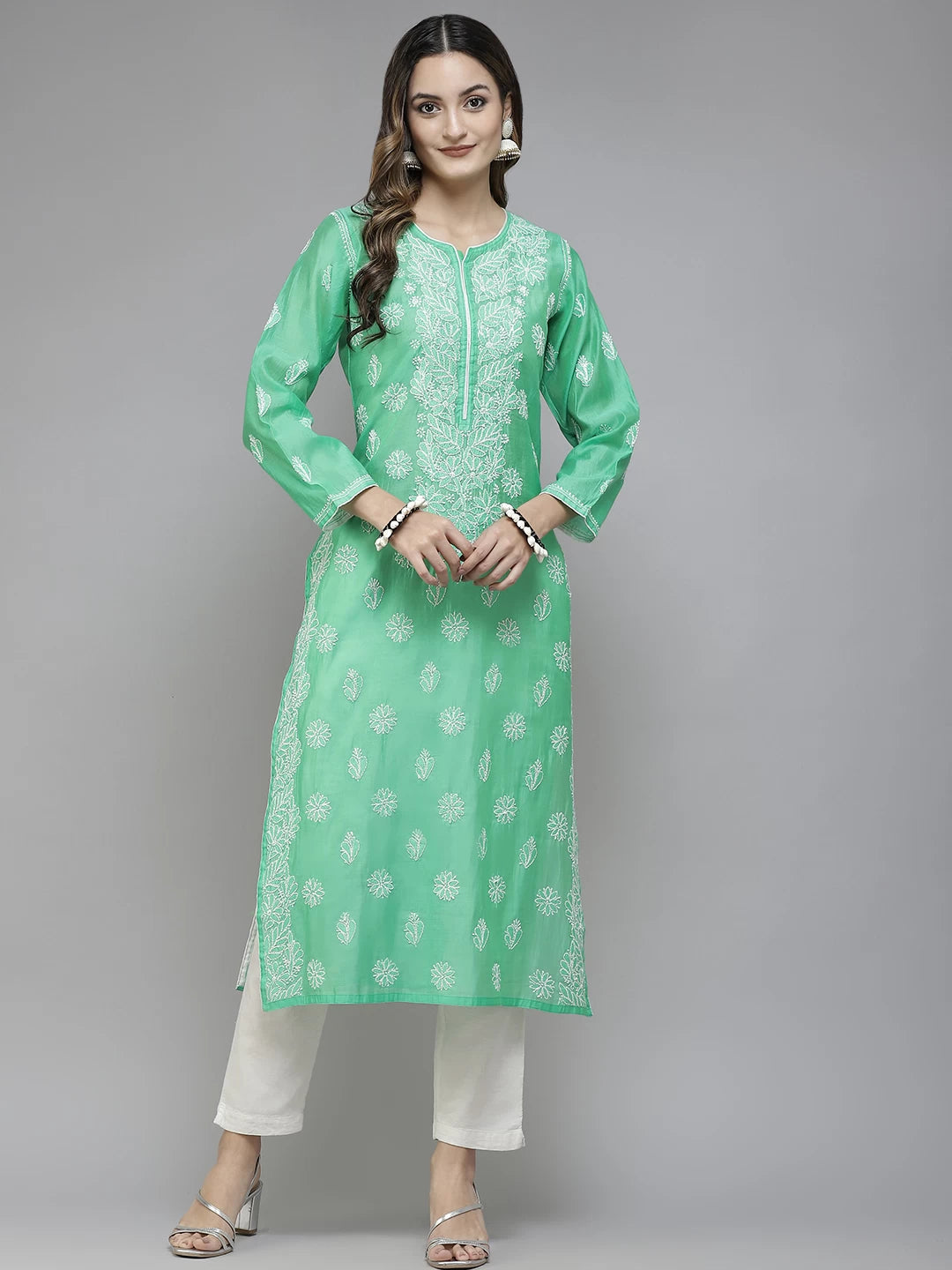 Ada Hand Embroidered Green Chanderi Lucknowi Chikan Straight Kurta A411396