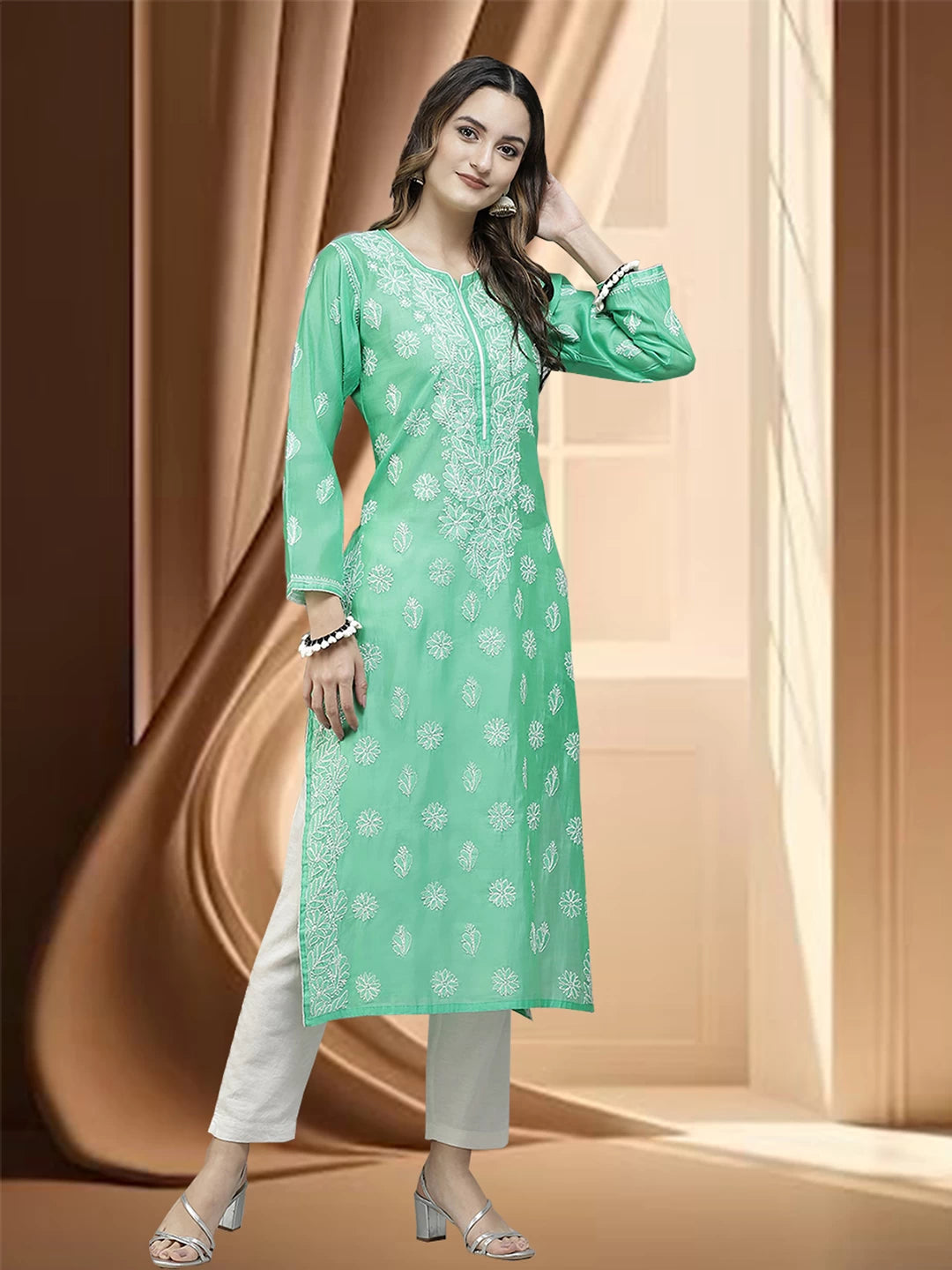 Ada Hand Embroidered Green Chanderi Lucknowi Chikan Straight Kurta A411396