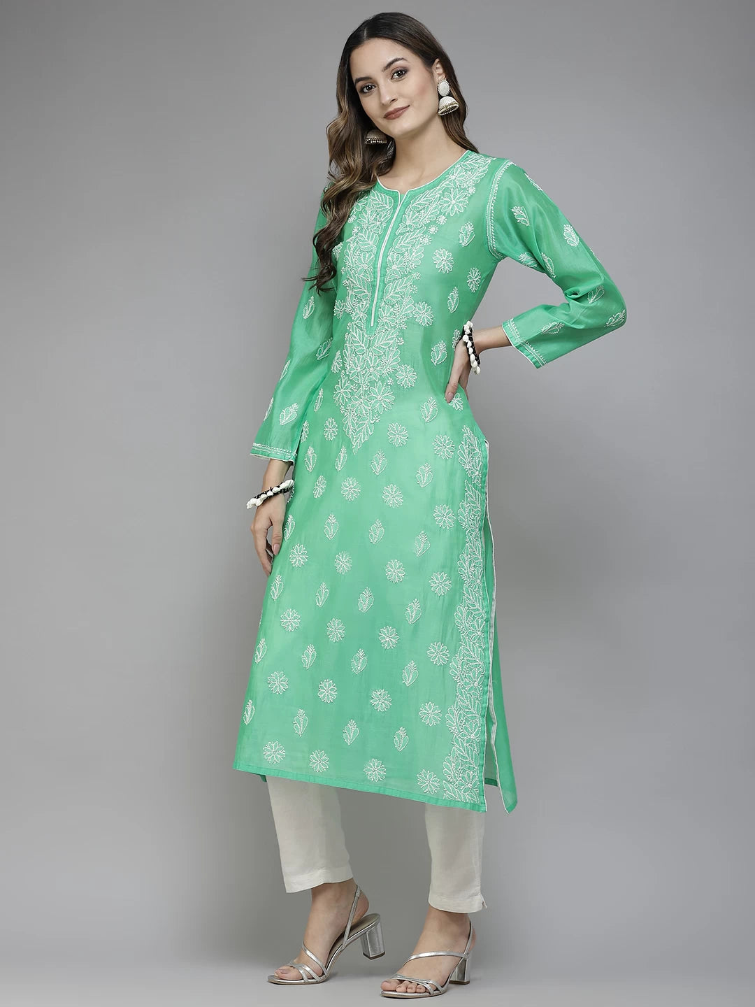 Ada Hand Embroidered Green Chanderi Lucknowi Chikan Straight Kurta A411396
